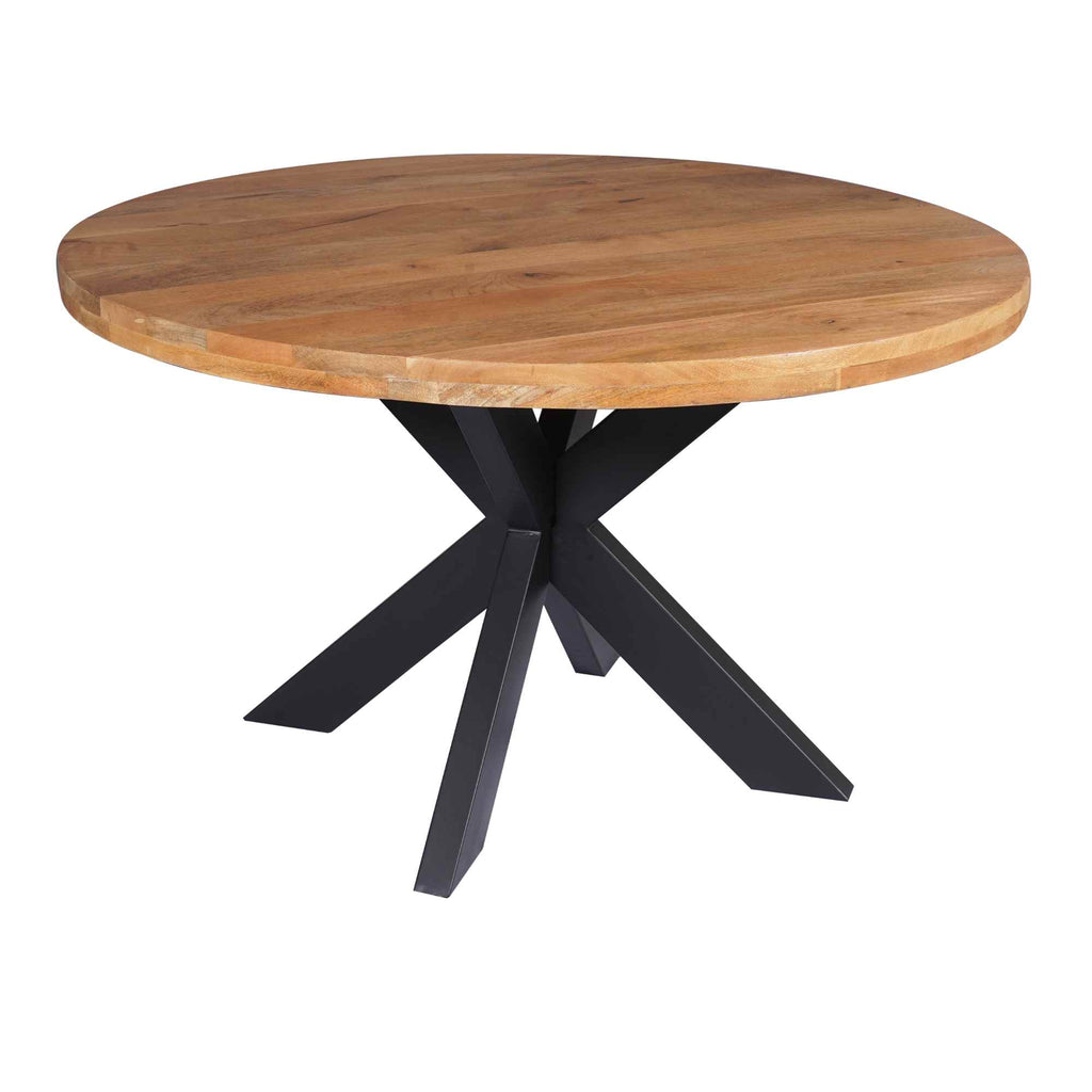 Esstisch Delta rund Ø140 cm – Massivholz Mangotisch mit 6 cm Platte & schwarzem Matrixgestell, 76 cm Höhe