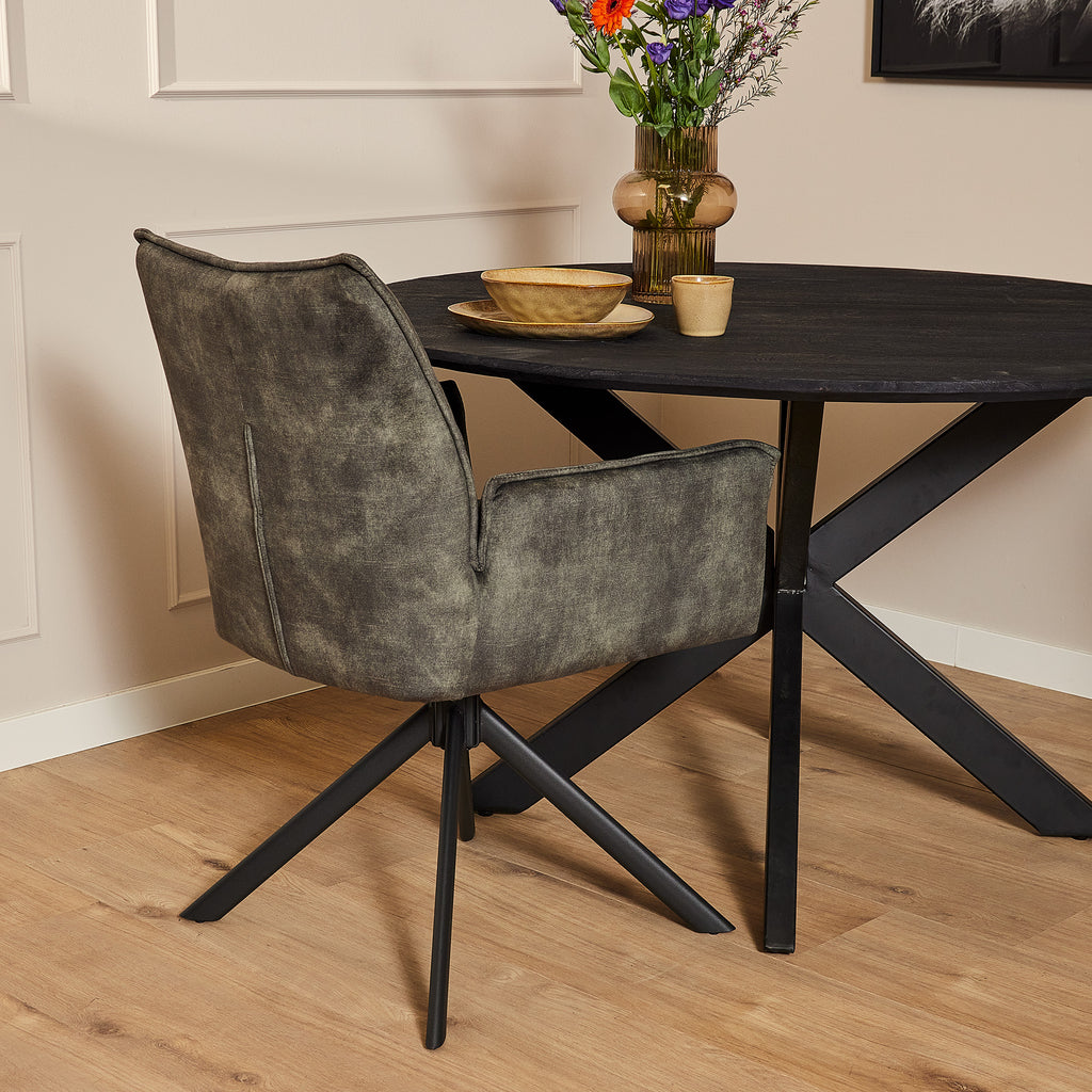 Esszimmerstuhl Daira Velvet Grün – Drehstuhl 65×56×85 cm mit Armlehnen, Memory-Rückkehr & schwarzem Metallbein