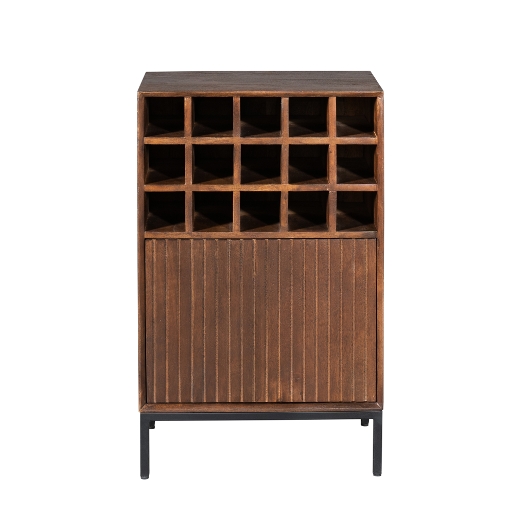 Weinregal Mandy Braun/Schwarz – Mangoholz mit Metallrahmen, Lamellentür & 15 Flaschenfächer, 55 x 35 x 90 cm