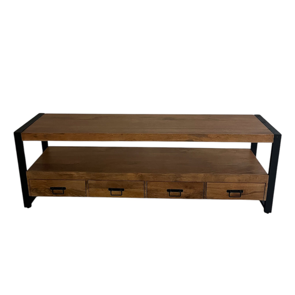 TV-Board Bori Warm 180x45x60 cm – modernes Mangoholz TV-Möbel mit Schubladen, offenem Fach & schwarzem Metallrahmen