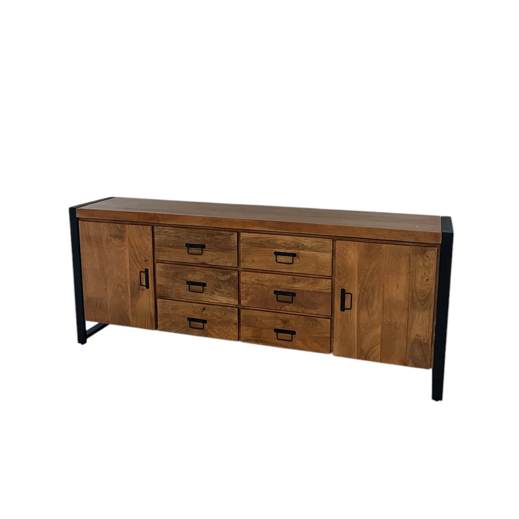 Sideboard Bori – modernes Mangoholz in warmem Finish mit schwarzem Metallgestell, 2 Türen & 6 Schubladen, 200 x 40 x 80 cm