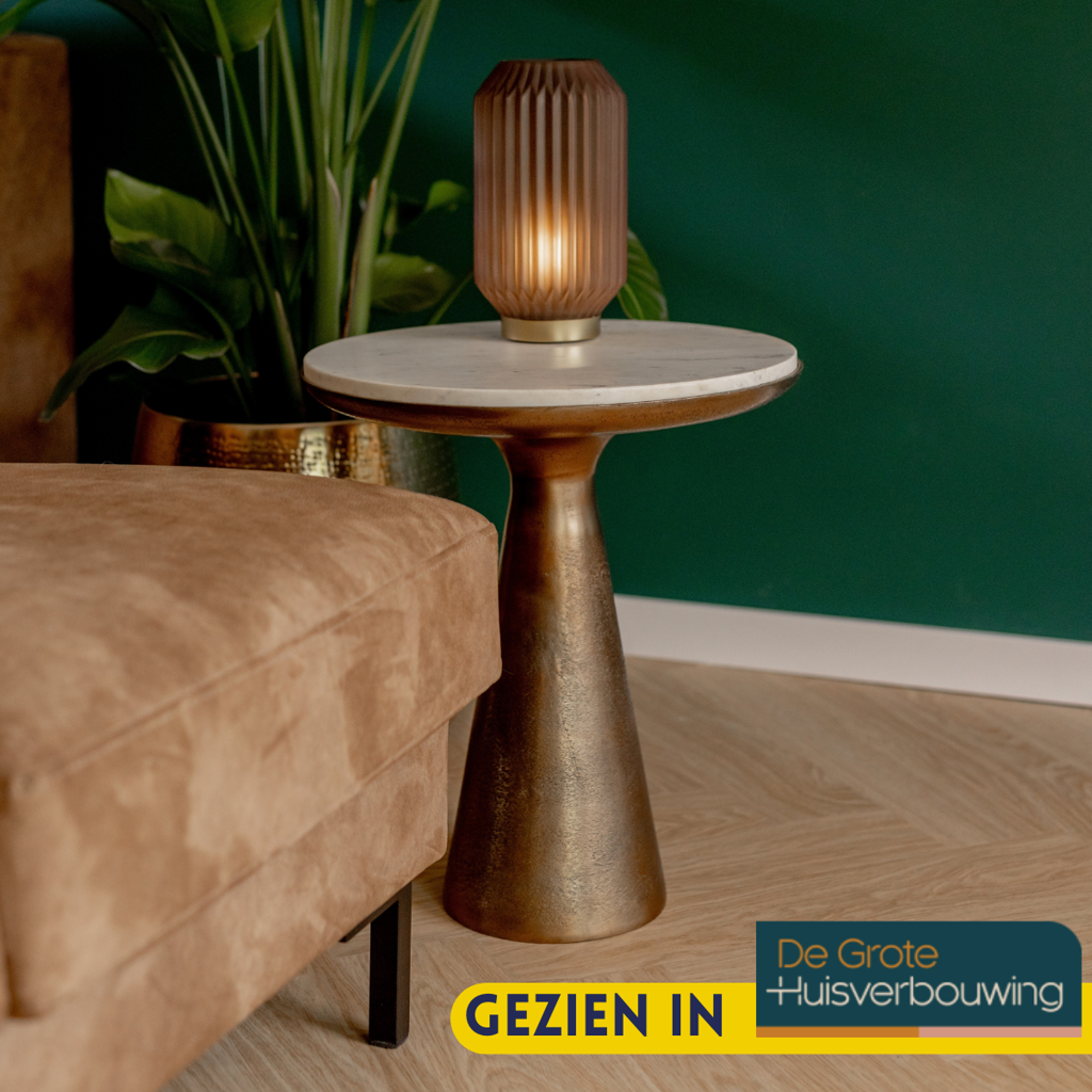 Beistelltisch Elyo – runder Couchtisch mit weißer Marmorplatte & goldfarbenem Metallfuß, 45×45×50 cm