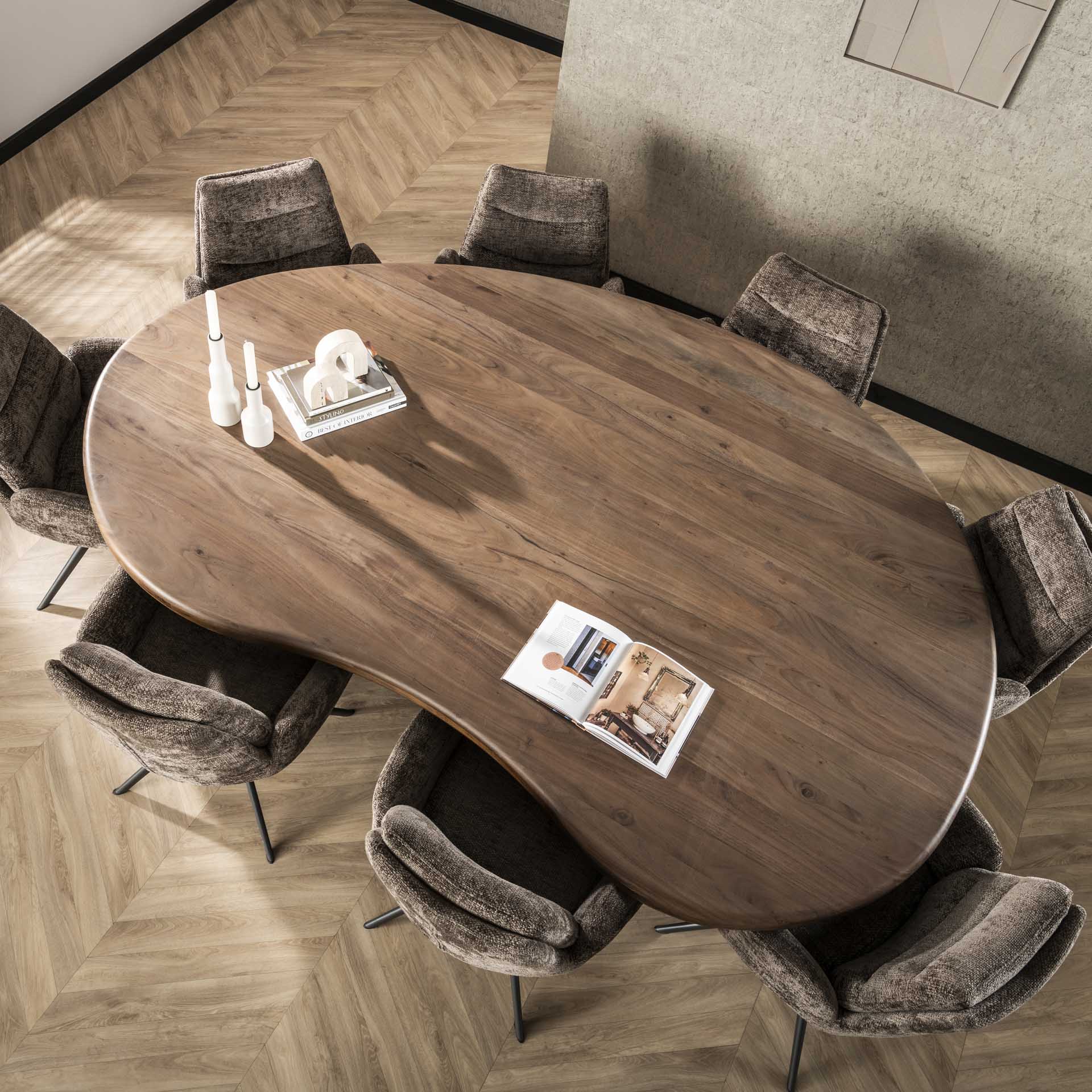 Esstisch Energia 244x165x77 cm – Massivholz Akazie Braun mit skulpturalen Zylinderbeinen für 8–10 Personen