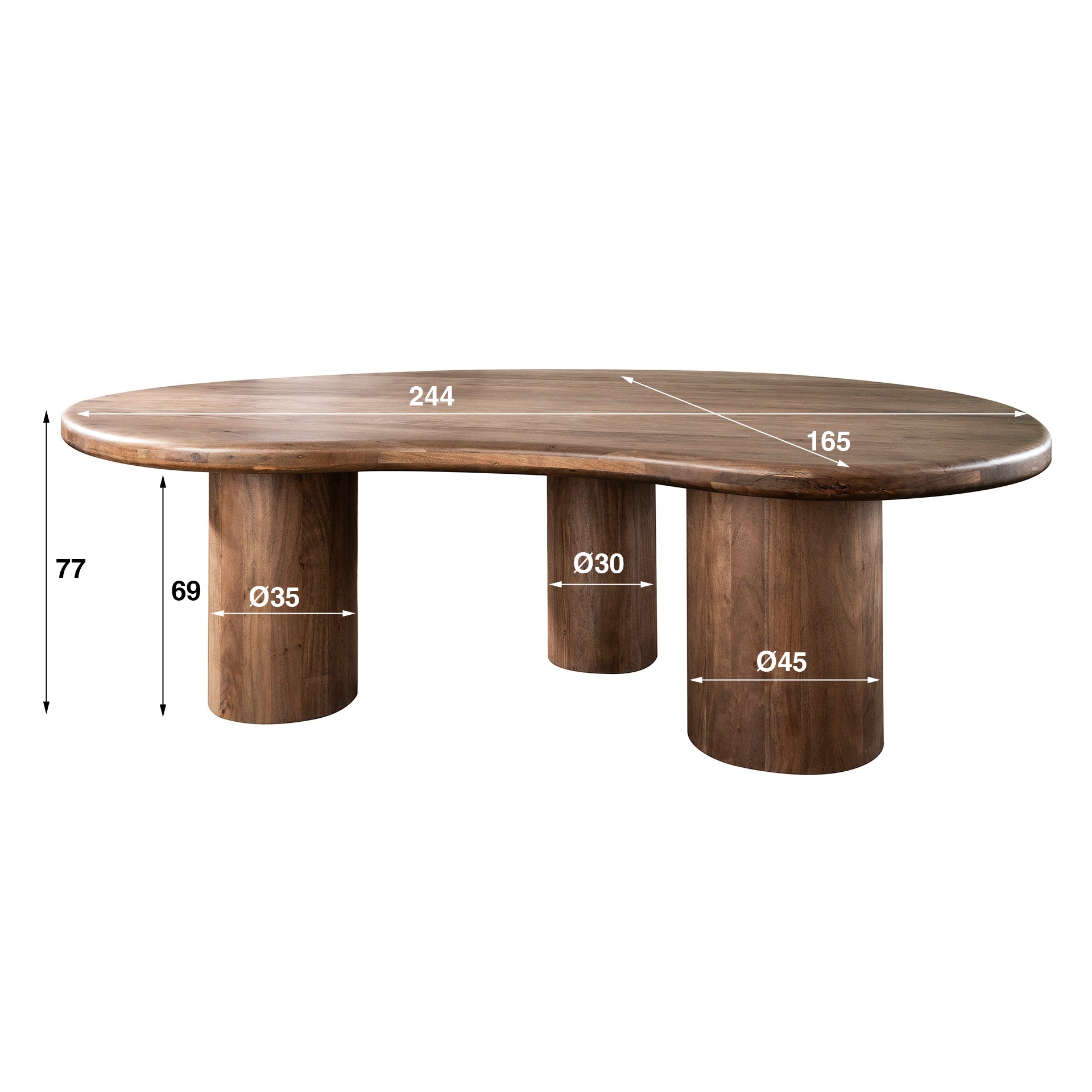Esstisch Energia 244x165x77 cm – Massivholz Akazie Braun mit skulpturalen Zylinderbeinen für 8–10 Personen