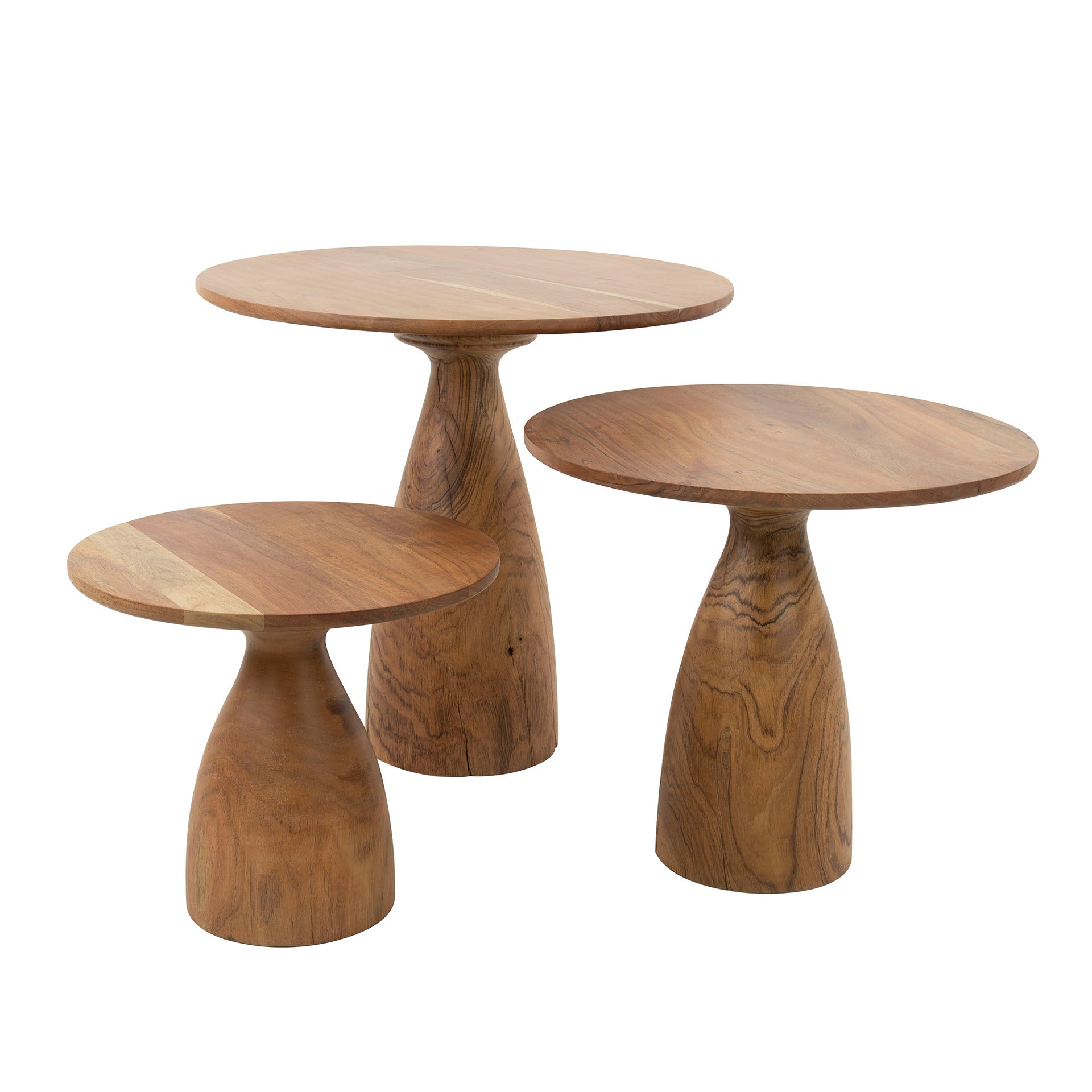 Couchtisch Cono 3er-Set – massiver Akazienholz-Tisch mit kegelförmigem Fuß (Ø60x55 cm, Ø50x50 cm, Ø40x45 cm)