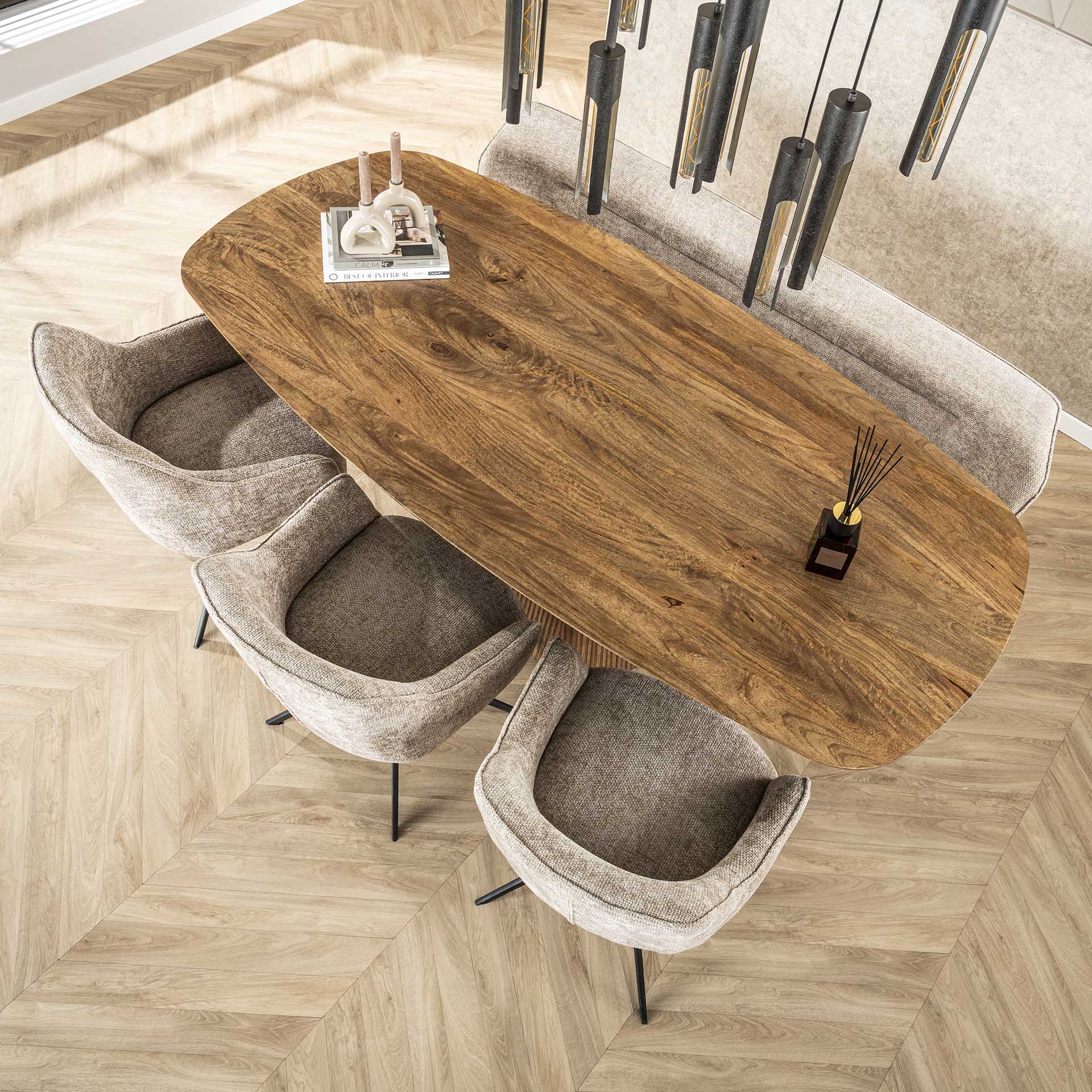 Esstisch Nuvino Centro 215x105x77 cm – sandfarbenes Mangoholz mit Wellenfuß für 6–8 Personen