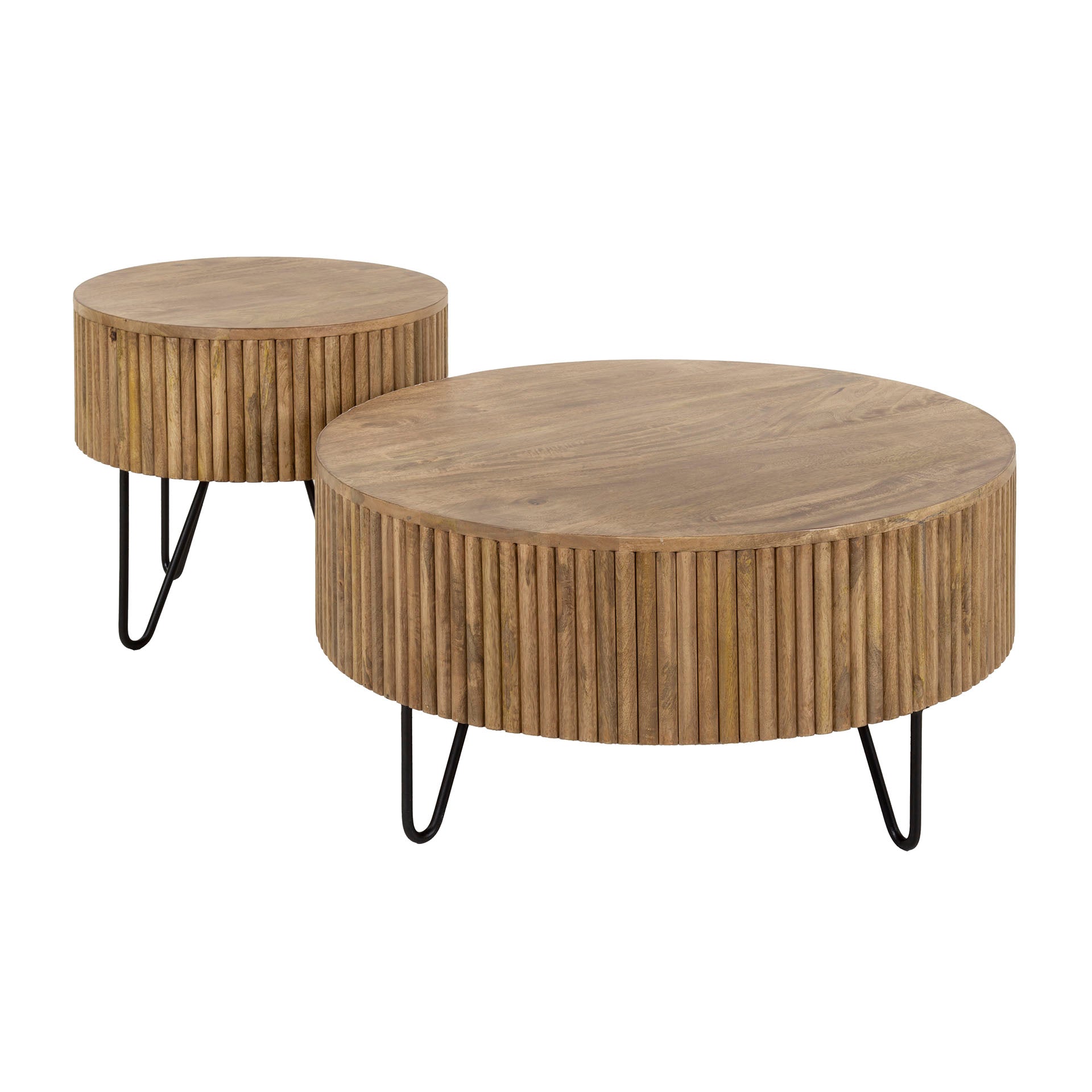 Couchtisch Nuvino 2er-Set Ø80x38 & Ø50x45 cm – sandfarbenes Mangoholz mit Wellendesign