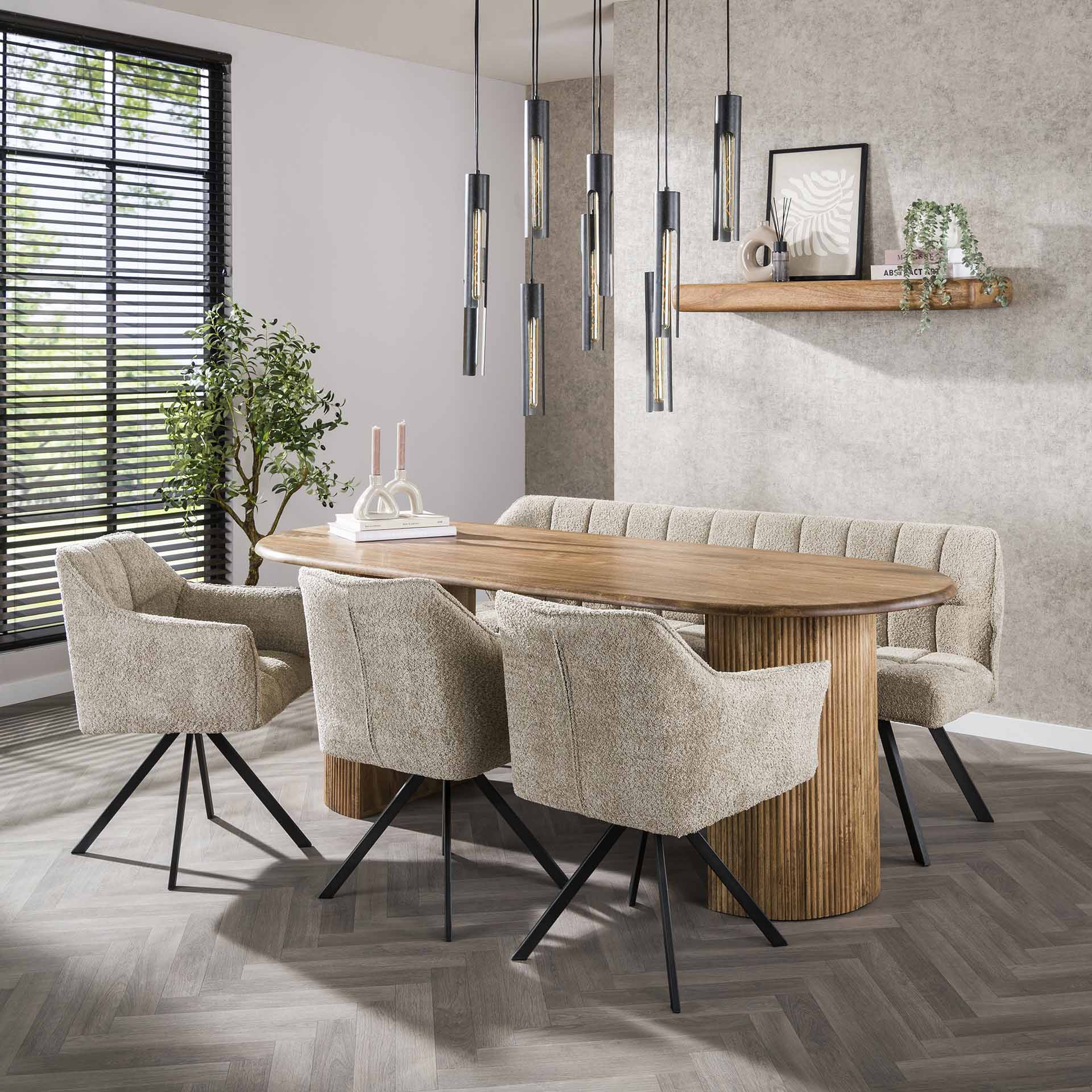 Esstisch Nuvino 215x90x78 cm – sandfarbenes Mangoholz mit Halbmonden & modernem Design