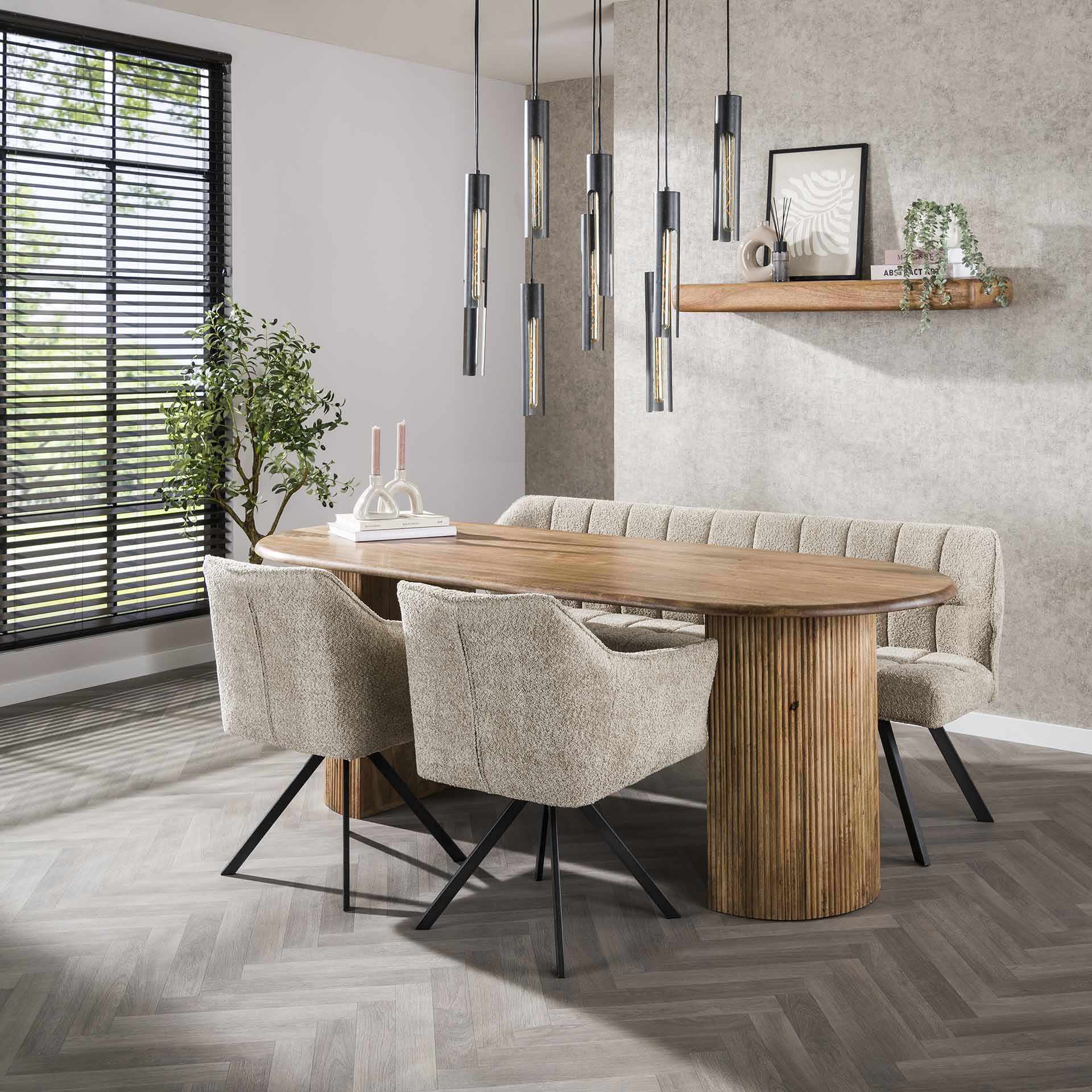 Esstisch Nuvino 215x90x78 cm – sandfarbenes Mangoholz mit Halbmonden & modernem Design
