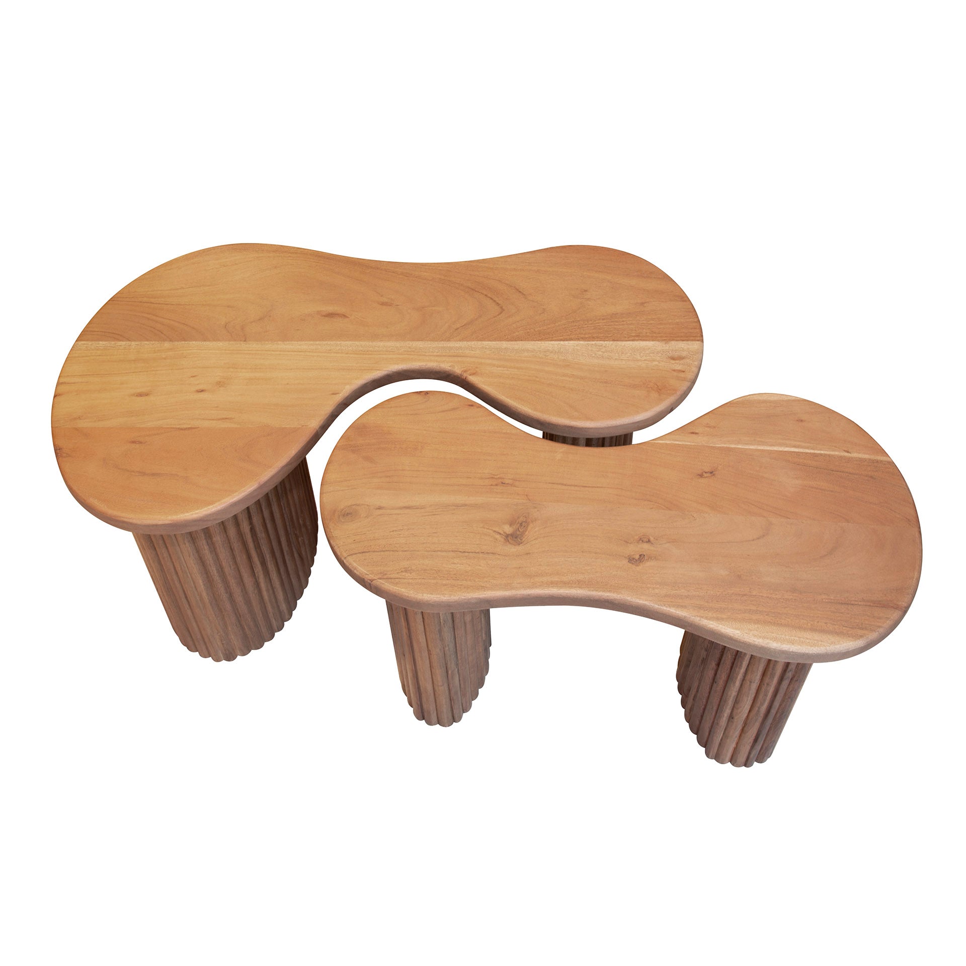 Couchtisch 2er Set Campo – organische Formen aus Akazienholz mit gewellten Beinen, 65x34x40,5 cm & 45x80x40,5 cm