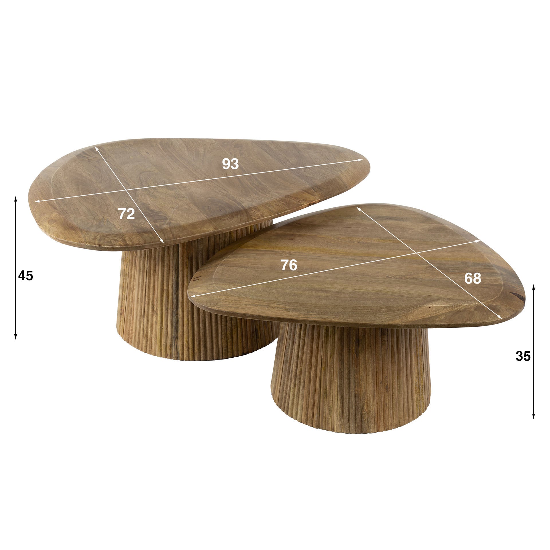 Couchtisch 2er Set Nuvino – dreieckiges Design aus Mangoholz mit Wellenmuster, 93x72x45 cm & 68x76x35 cm