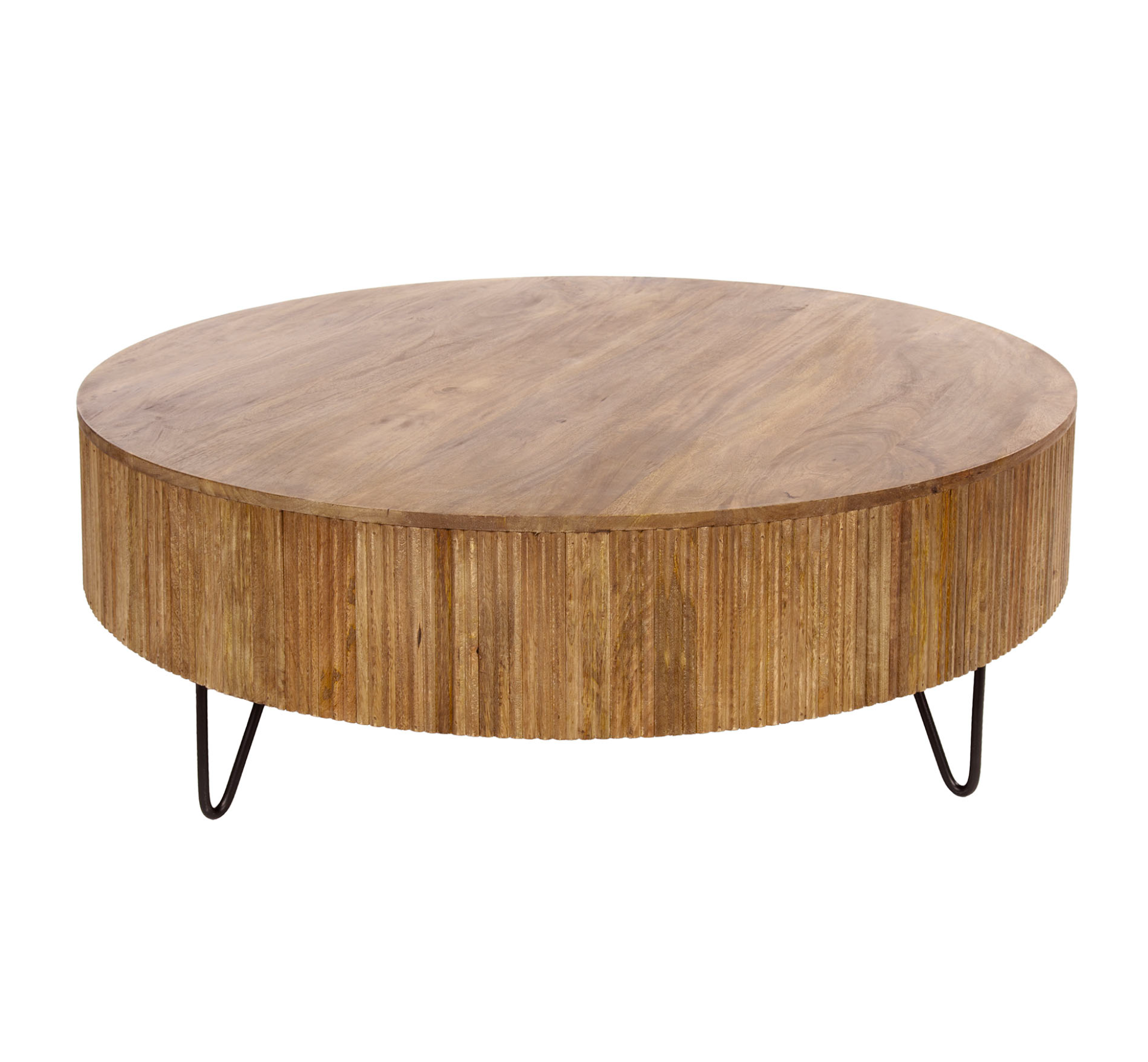 Couchtisch Nuvino – Mangoholz Sand mit Wellenmuster & Metallgestell, Ø120 x 38 cm