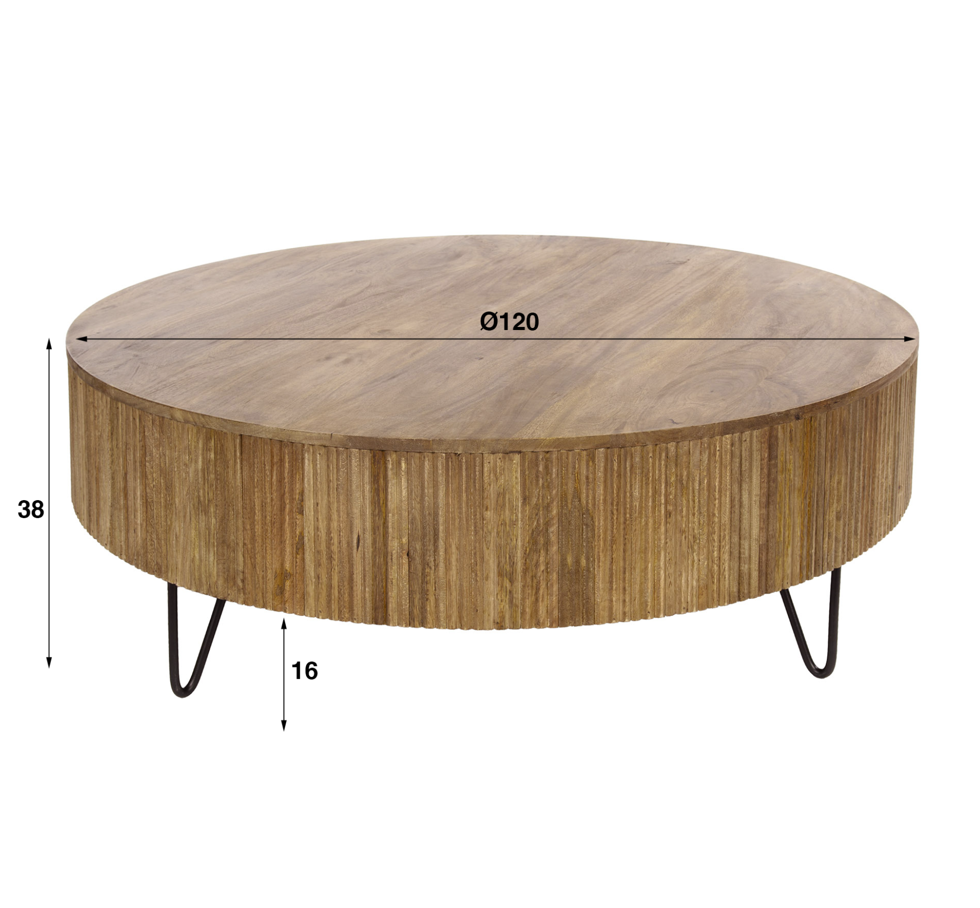 Couchtisch Nuvino – Mangoholz Sand mit Wellenmuster & Metallgestell, Ø120 x 38 cm