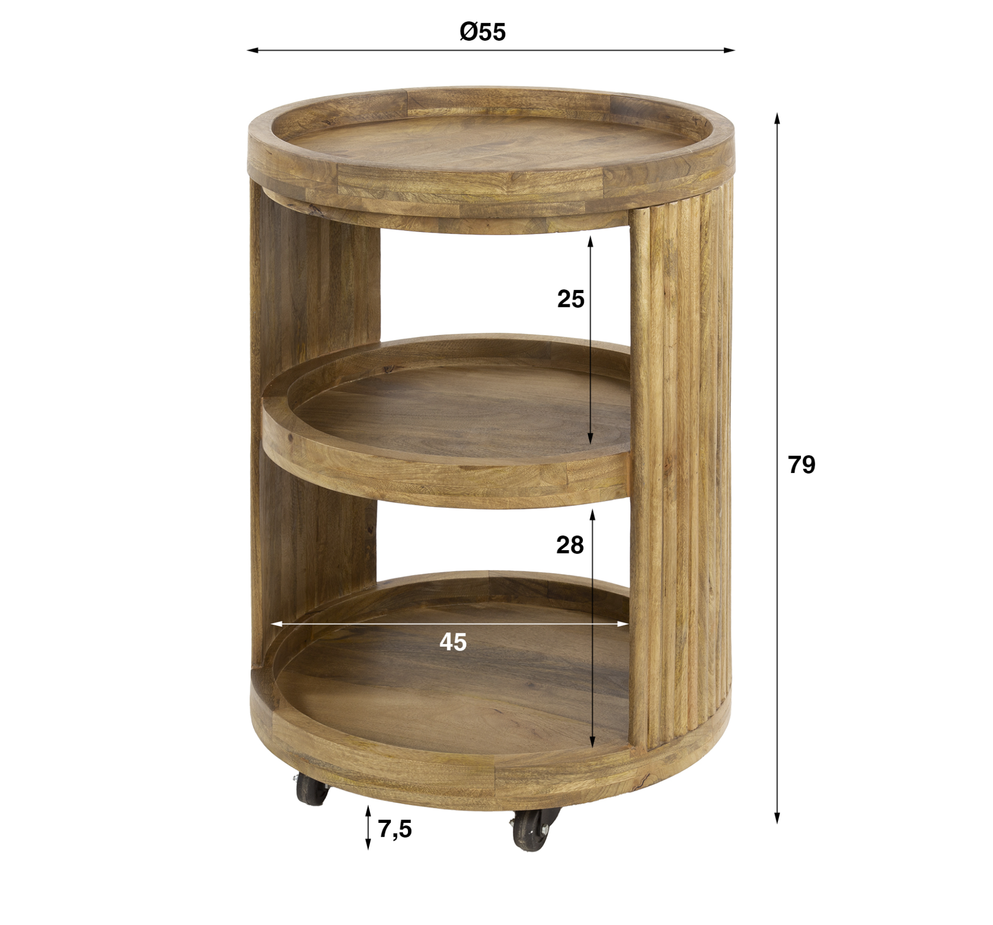 Weintrolley Nuvino – Mangoholz Sand mit Wellenmuster & 3 Ablagen, 55 x 55 x 79 cm