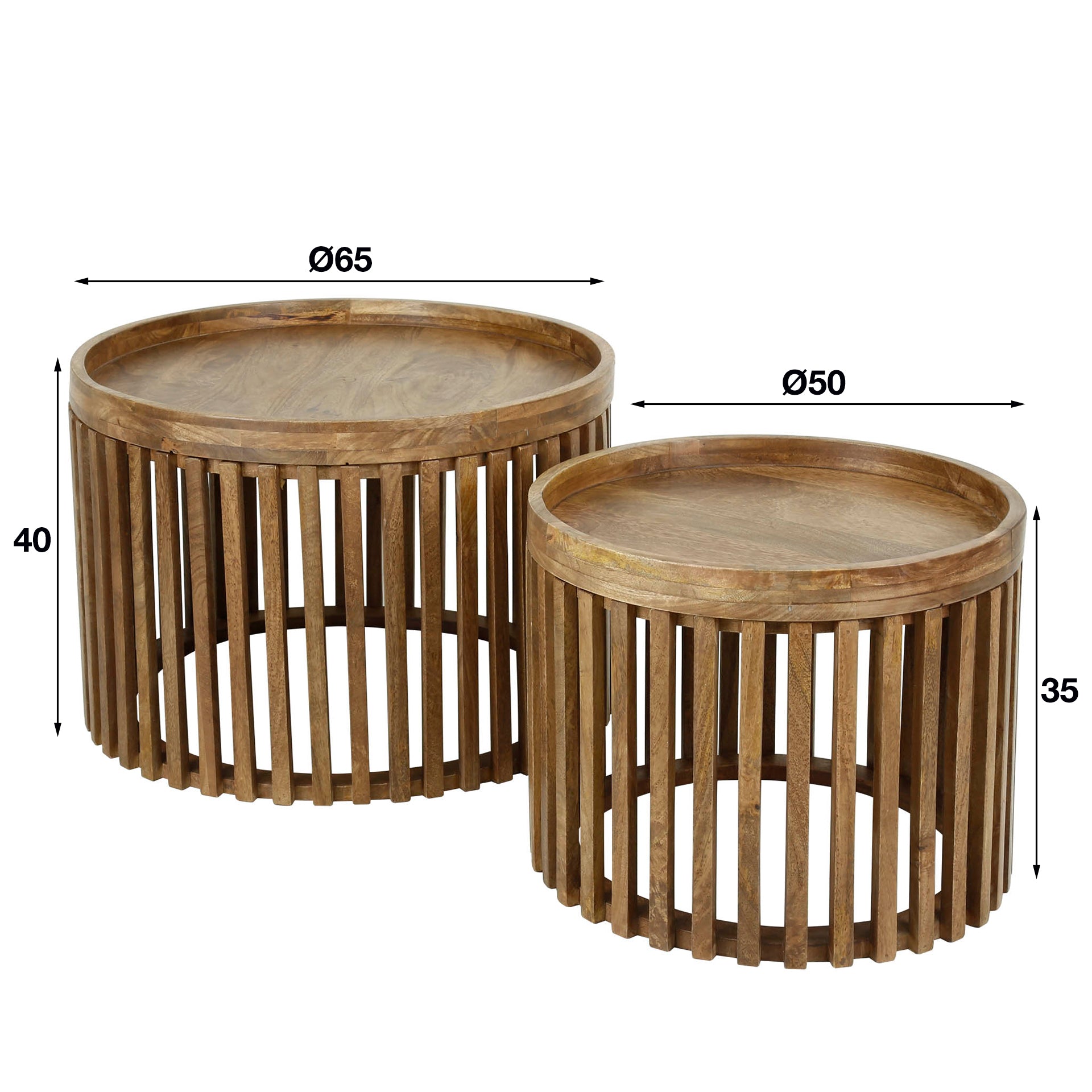 Couchtisch 2er Set Rotondo – rundes Mangoholz-Design mit erhöhter Kante & Stauraum, Ø65x40 cm & Ø50x35 cm