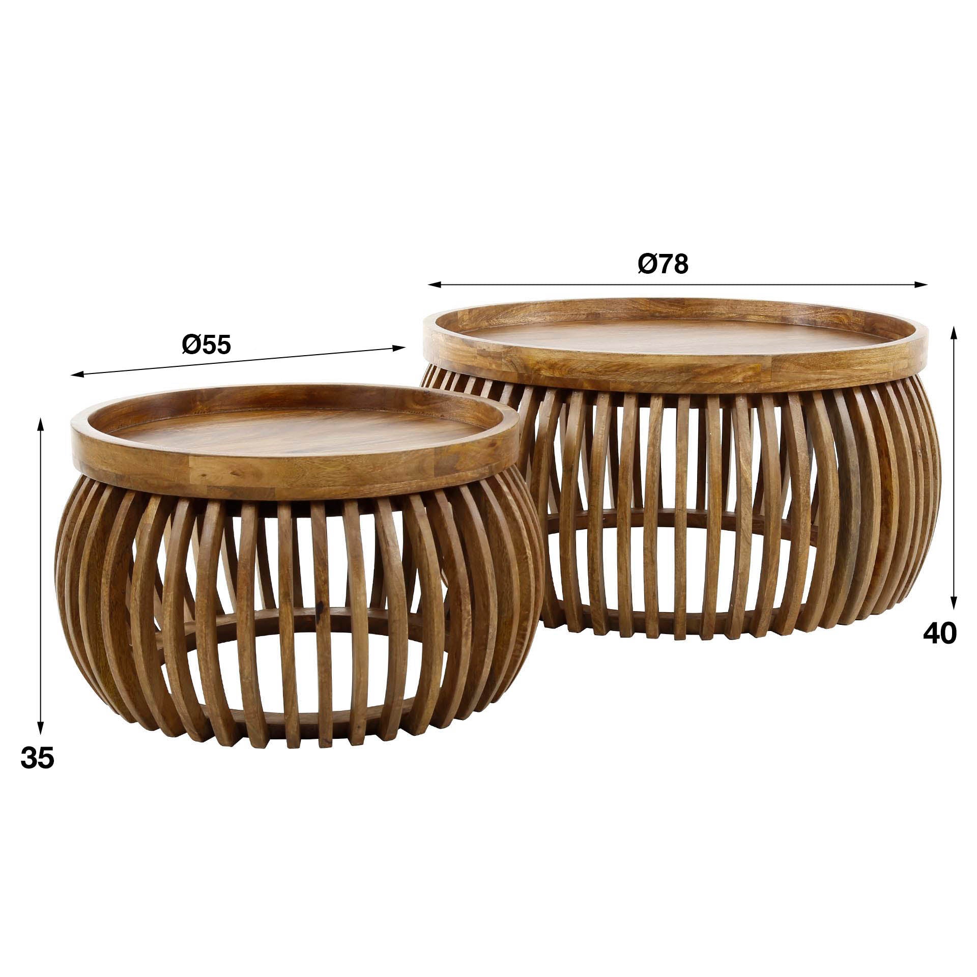 Couchtisch 2er Set Rotondo Curve – rundes Mangoholz-Design mit erhöhter Kante, Ø 78x40 cm & Ø 55x35 cm