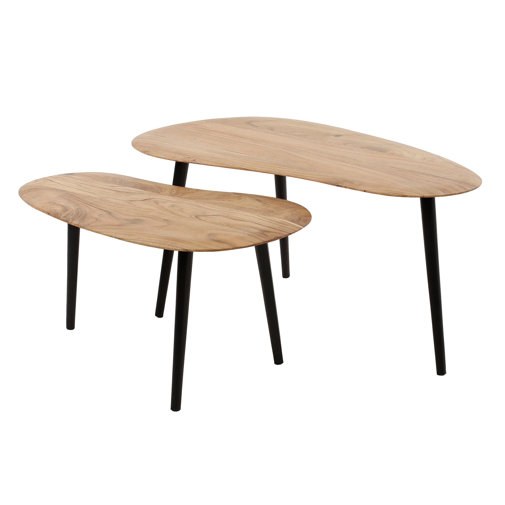 Couchtisch Set Lunado 2-teilig – nierenförmige Akazienholz-Tische mit Stahlbeinen (90x50x40 cm & 75x45x35 cm)