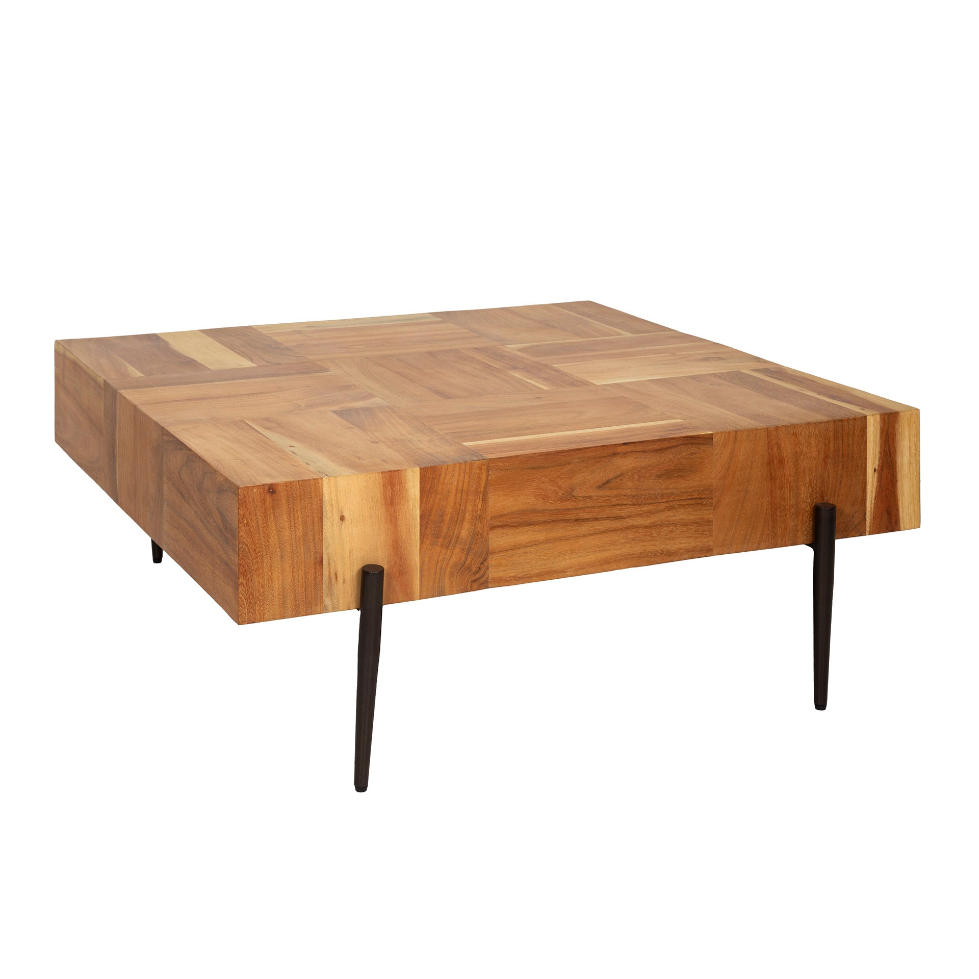Couchtisch Arcello 90 x 90 x 35 cm – quadratischer Wohnzimmertisch aus Akazienholz mit gebogenen Kanten, handgefertigt