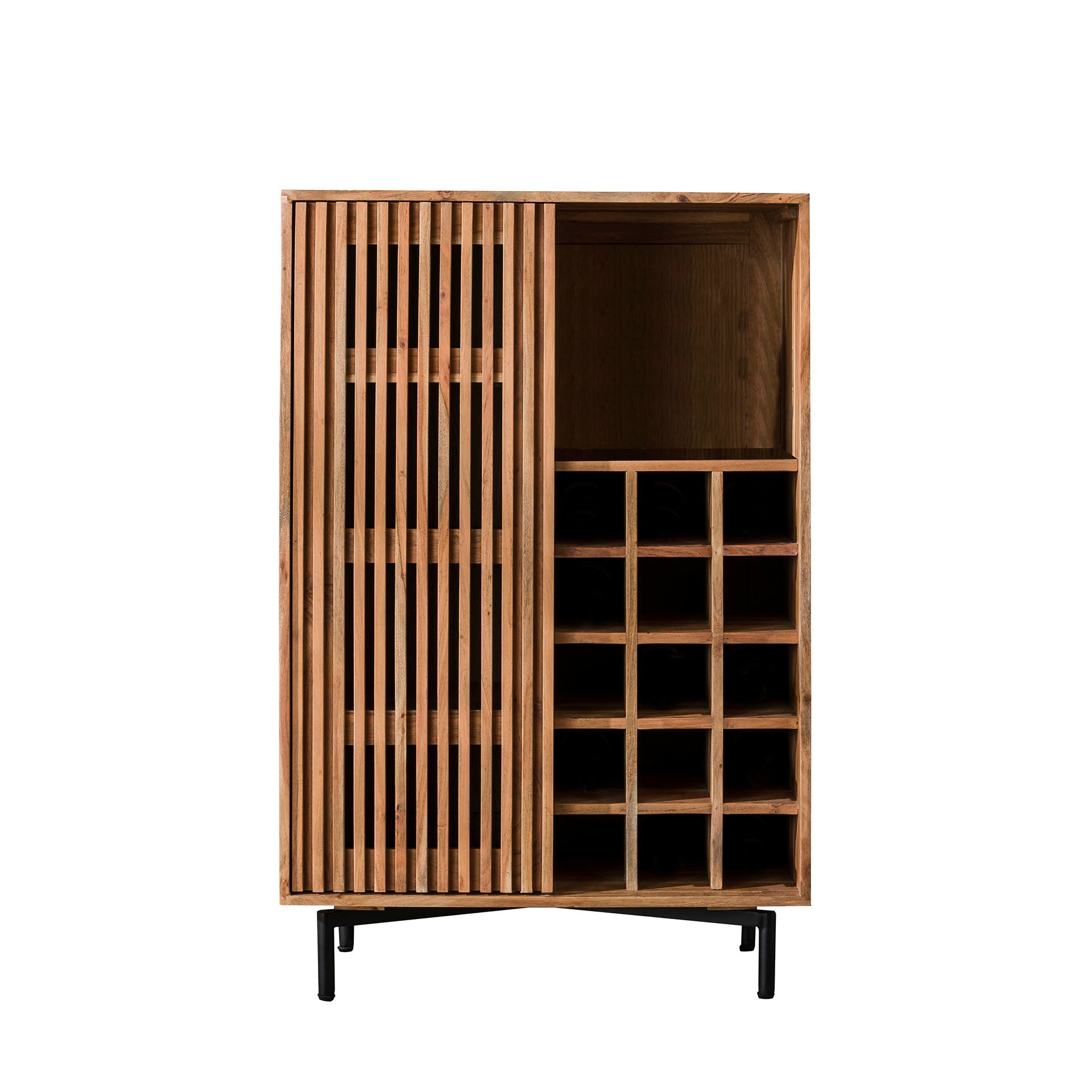 Weinschrank Lamorra 80x43x122 cm – Akazienholz mit Lamellen-Schiebetür, 15 Flaschenfächer & Stauraumregale