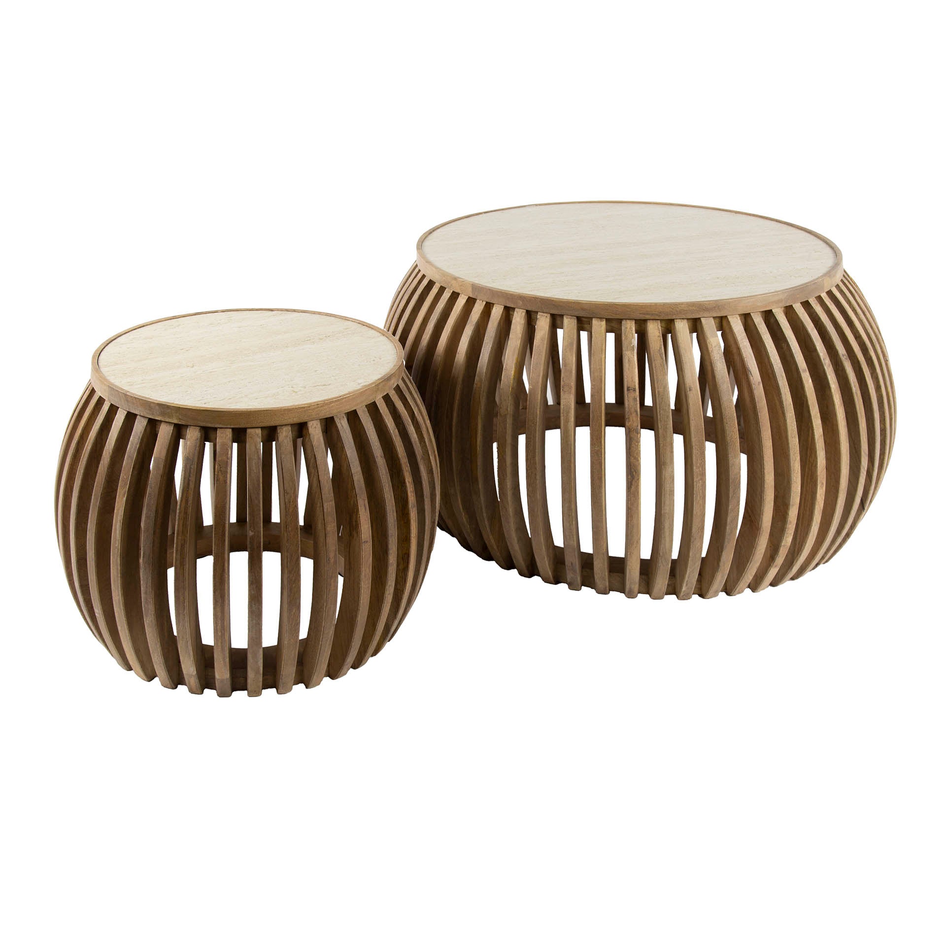 Couchtisch Set/2 Halvar – kurvenförmige Tische aus Mangoholz mit Keramikplatten in Travertin-Optik, modern & elegant