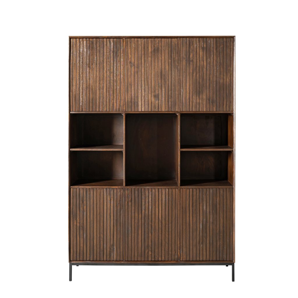Regal Mandy XL 135x45x200 cm – Massiver Mangoholz Schrank mit Lamellen, 6 Türen & 5 offene Fächer im braunen Finish & Metallrahmen