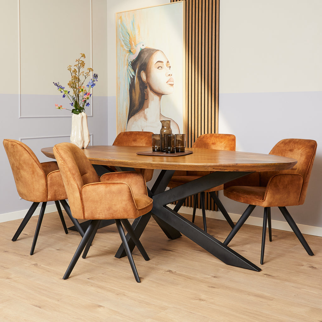 Esszimmerstuhl Oli Gold – Samt & schwarze Metallbeine, 60×65×89 cm, stilvoller Polsterstuhl mit Armlehnen