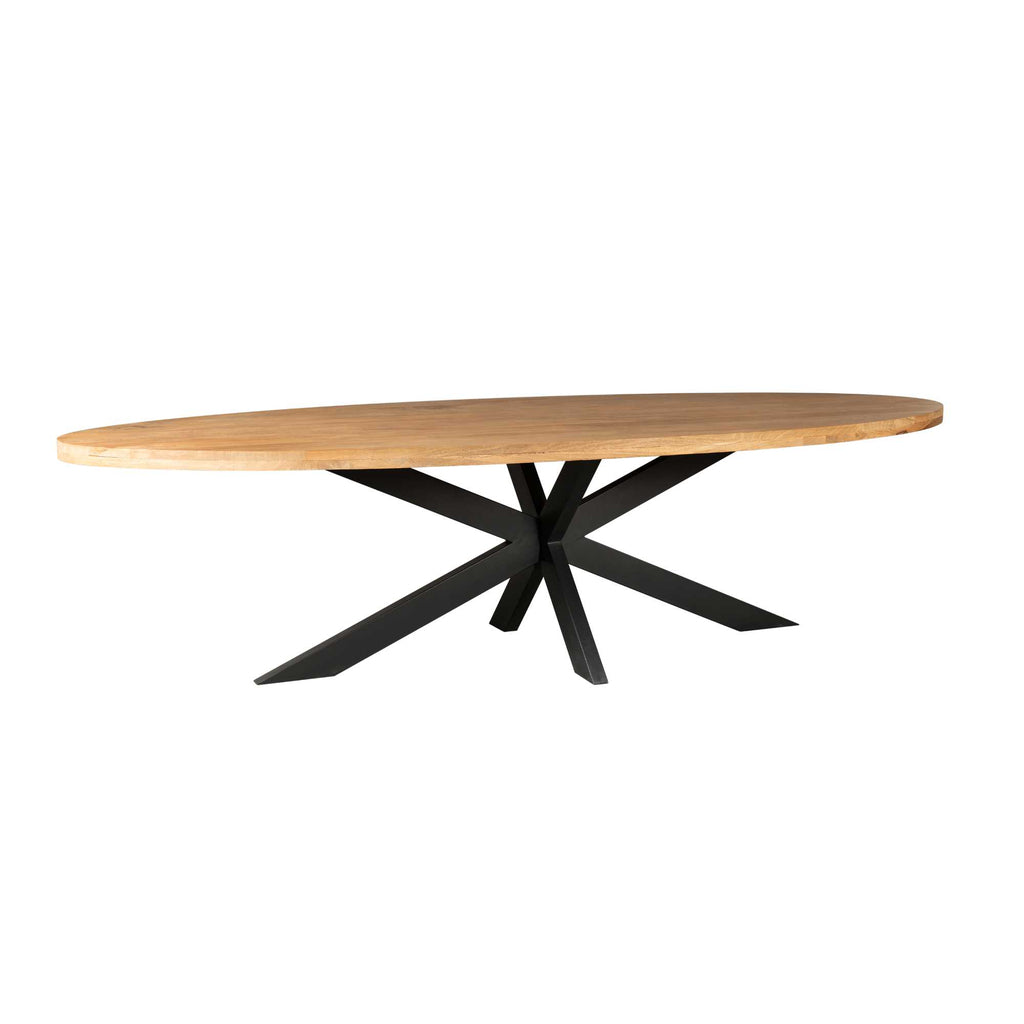Esstisch Delta Oval 300x120x76 cm – Massivholz Mango mit schwarzem Matrix-Metallgestell