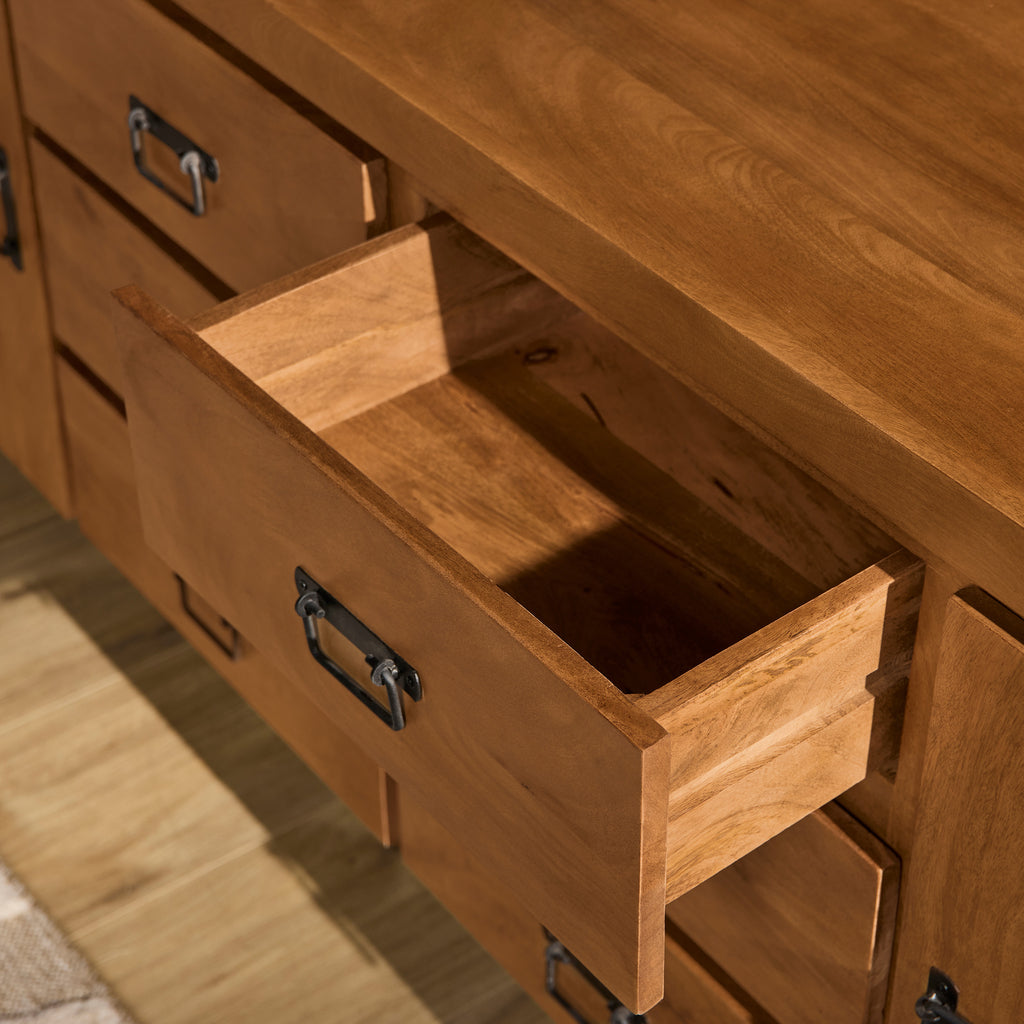 Sideboard Bori Natur– Mangoholz Kommode mit Metallgestell 200×80×40 cm, 2 Türen, 6 Schubladen & Regale. Modernes Möbelstück