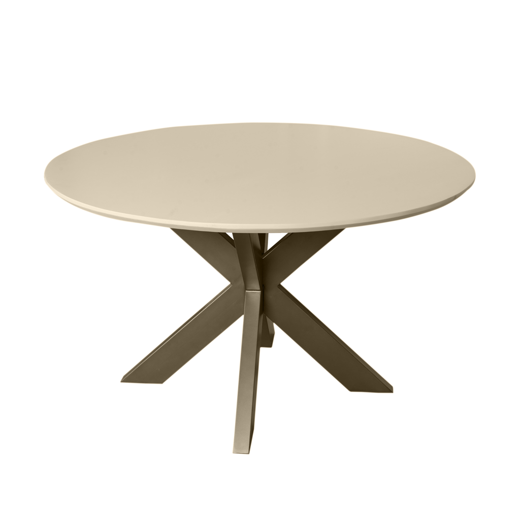 Esstisch Mandy Sand 150x150x76 cm – runder Mangoholztisch mit bronzefarbenen Beinen im modernen Design