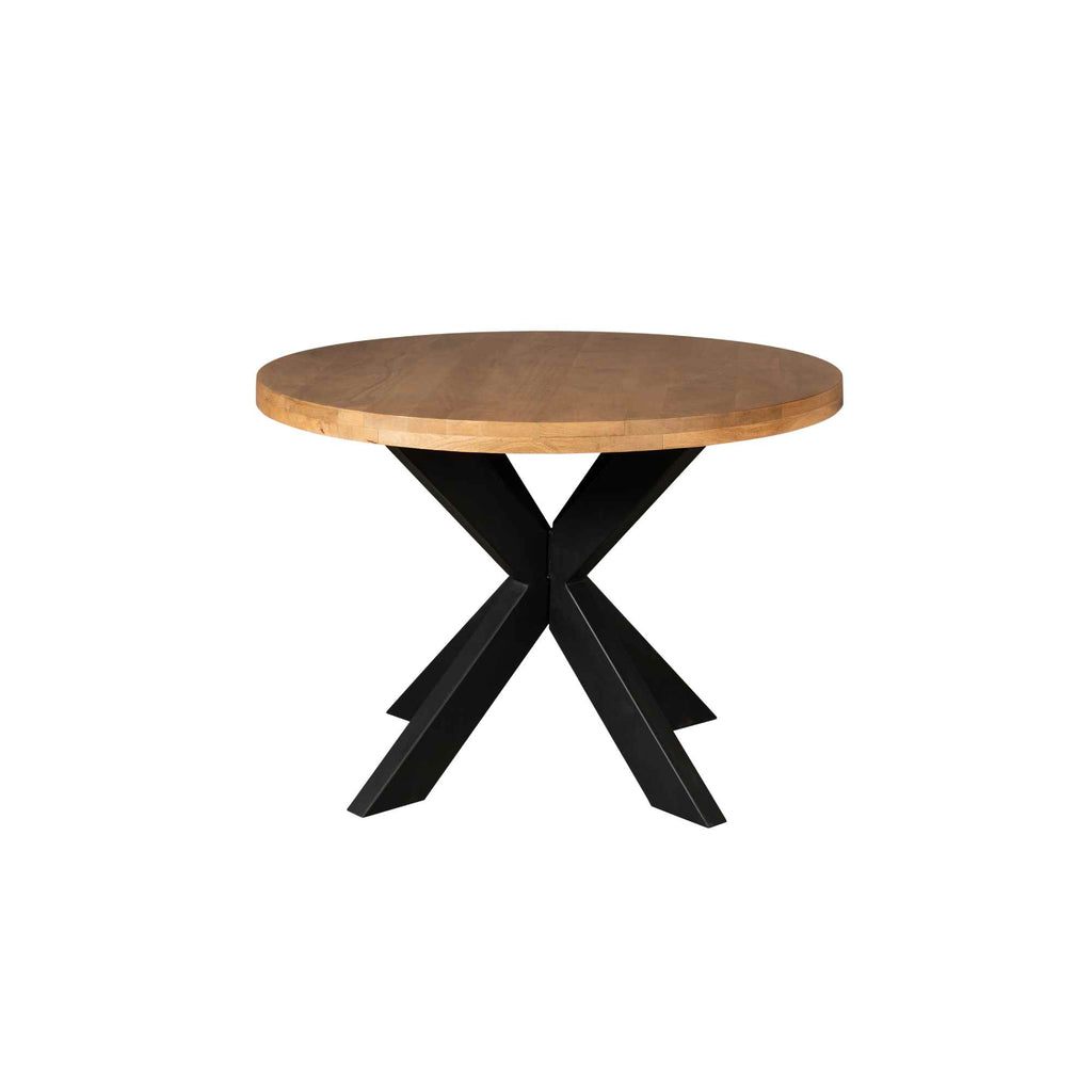 Esstisch Delta rund Ø110 cm – Mangoholz Tisch mit 6 cm Platte & Matrixgestell in Schwarz, 76 cm Höhe, modern & massiv