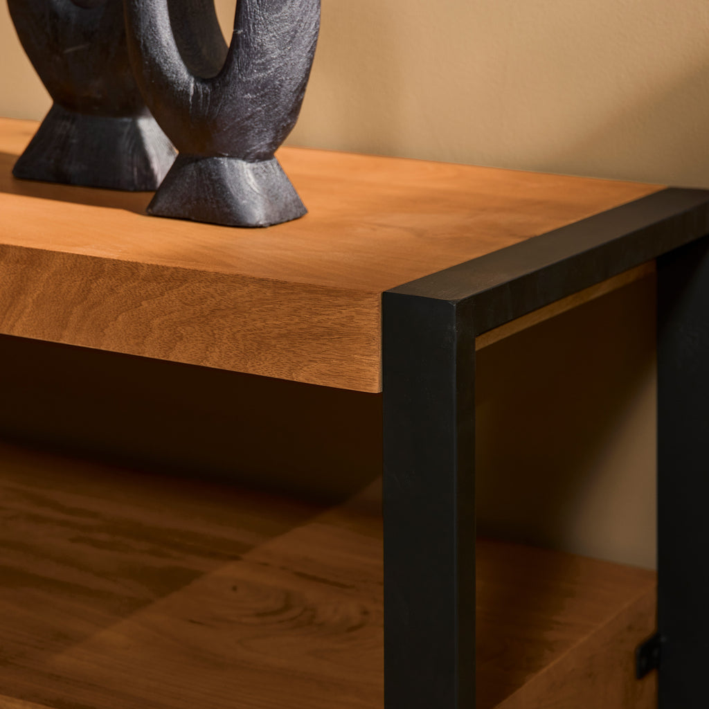 TV Board Bori Natur 220x45x60 cm – Mangoholz Lowboard mit 4 Schubladen, offenem Fach & Strukturfront