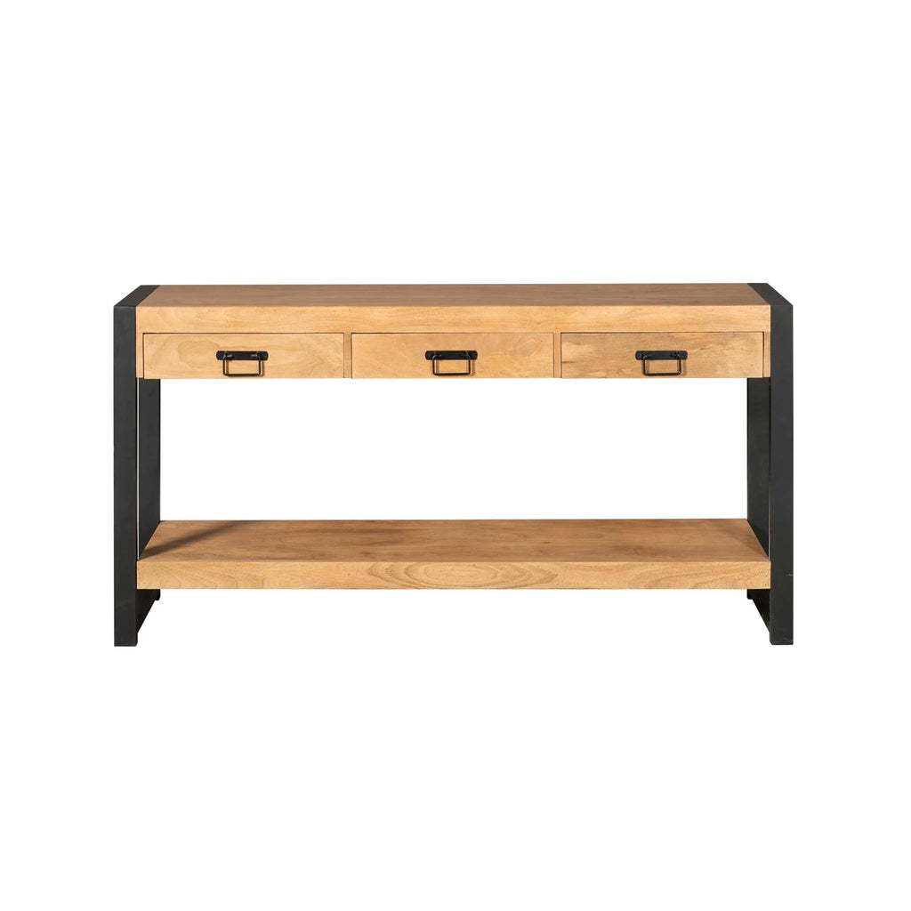 Konsolentisch Bori – eleganter Tisch aus Mangoholz mit schwarzem Metallgestell & 3 Schubladen, 150 x 35 x 76 cm