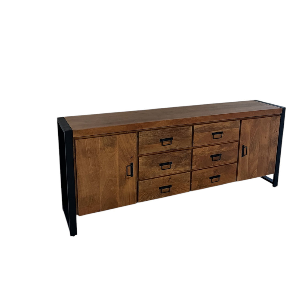 Sideboard Bori – modernes Mangoholz in warmem Finish mit schwarzem Metallgestell, 2 Türen & 6 Schubladen, 200 x 40 x 80 cm