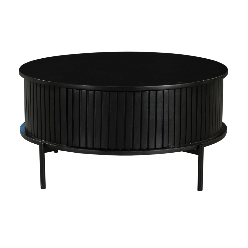 Couchtisch Mandy Rund 80x80x40 cm, Schwarz  – Mangoholz Tisch mit 2 Schubladen & Metallgestell