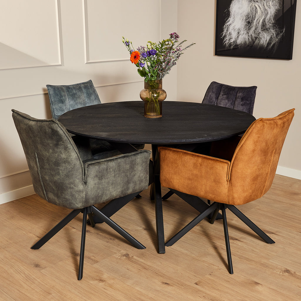 Esszimmerstuhl Daira Velvet Gold – Drehstuhl 65×56×85 cm mit Armlehnen, Memory-Rückkehr & schwarzem Metallbein