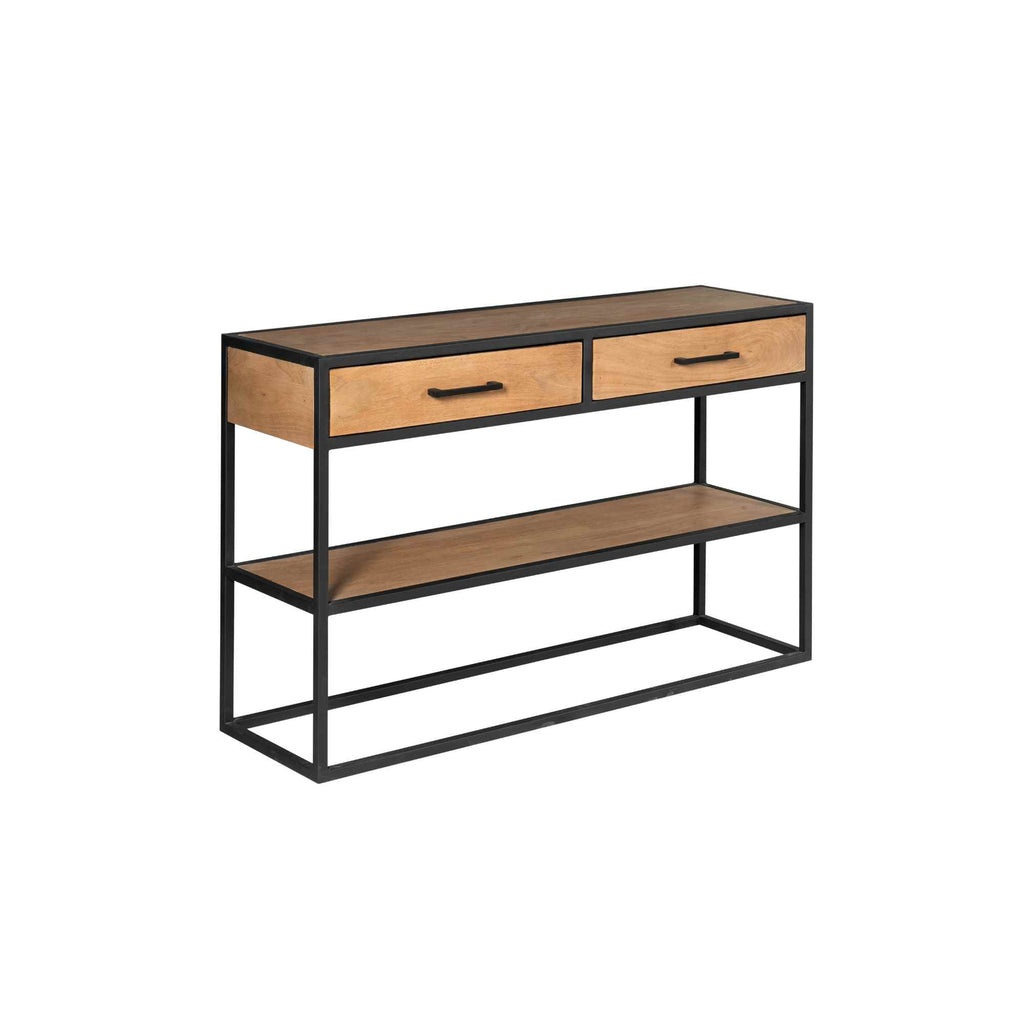 Beistelltisch Delta Natur – Mangoholz & Metall mit 2 Schubladen & Ablage, 120 x 35 x 76 cm