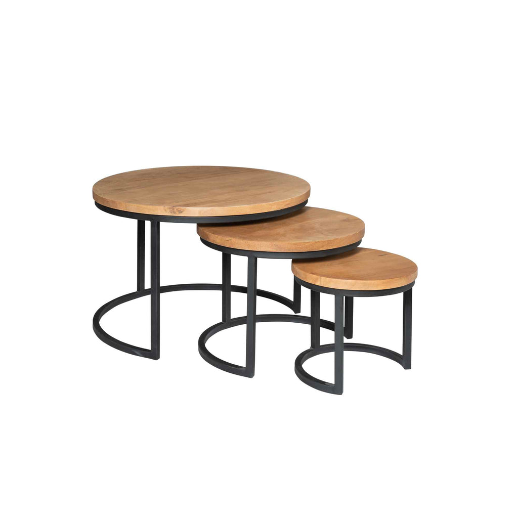 Couchtisch-Set Delta – 3 runde Tische aus Mangoholz & schwarzem Stahlrahmen, Ø70/50/35 cm, Höhe 45/38/31 cm