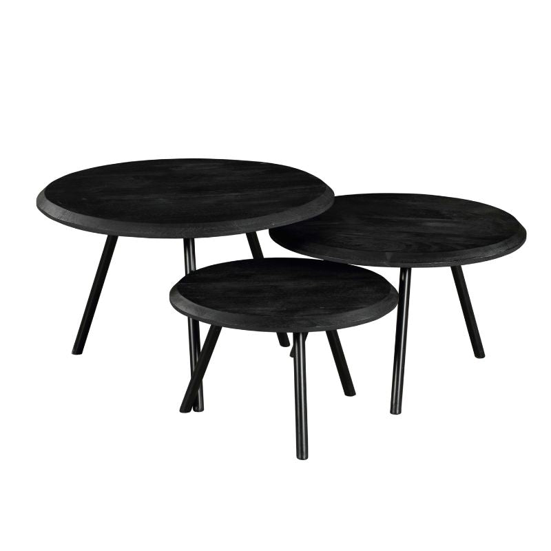 Couchtisch-Set Hawaii Schwarz – 3er-Set runde Tische aus Mangoholz & Metall, Ø70/60/50 cm, Höhen 45/38/31 cm