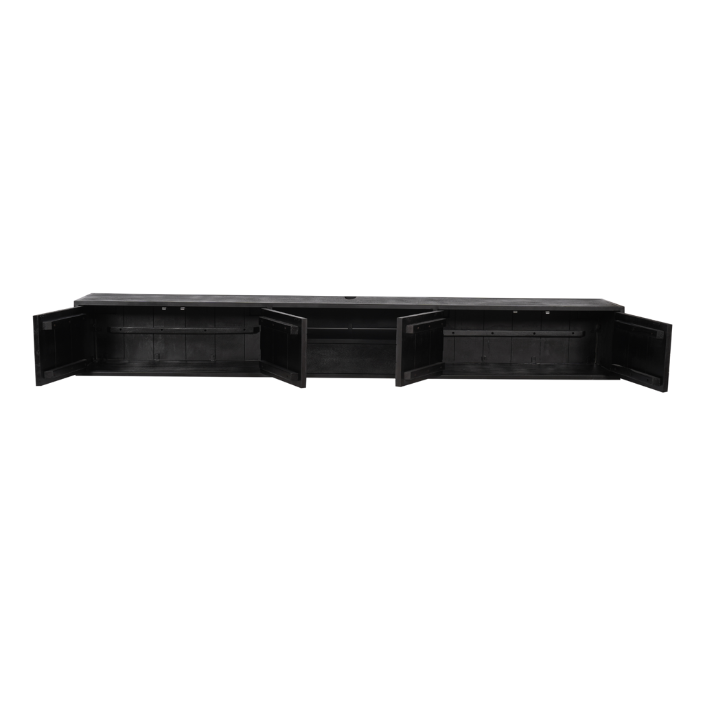 TV-Board Jacky 280x35x33 cm – modernes Mangoholz mit Fischgrätfront in Schwarz & offenem Fach