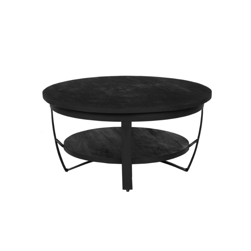 Couchtisch Paris – Runder Mangoholz-Tisch mit 2 Ebenen & schwarzem Metallgestell, Ø90×43 cm
