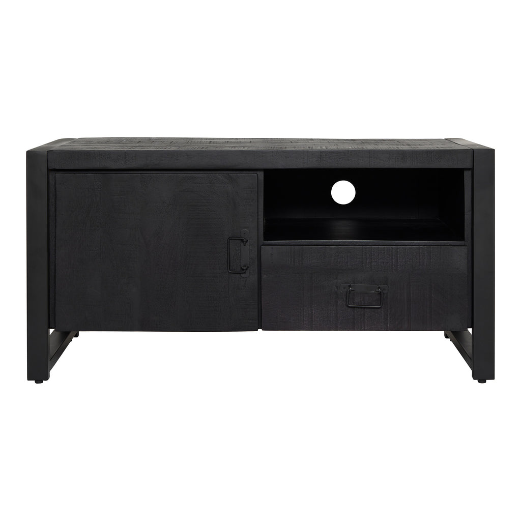TV Board Bori Schwarz 110x45x55 cm – Massives Mangoholz & Metall mit Tür, Schublade & offenem Fach
