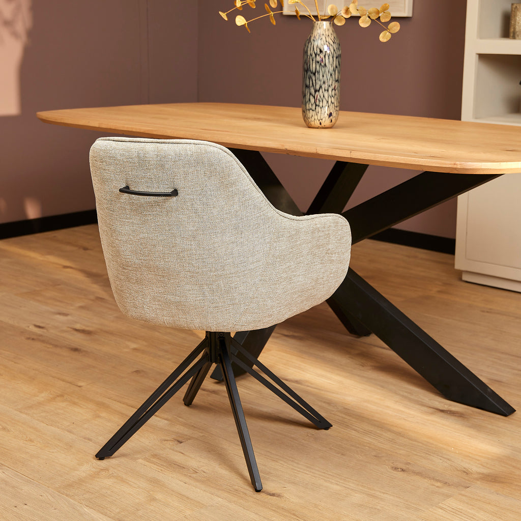 Esszimmerstuhl Jamey Beige – moderner Drehstuhl 60×62×85 cm mit Memory-Rückkehr & schwarzem Metallgestell
