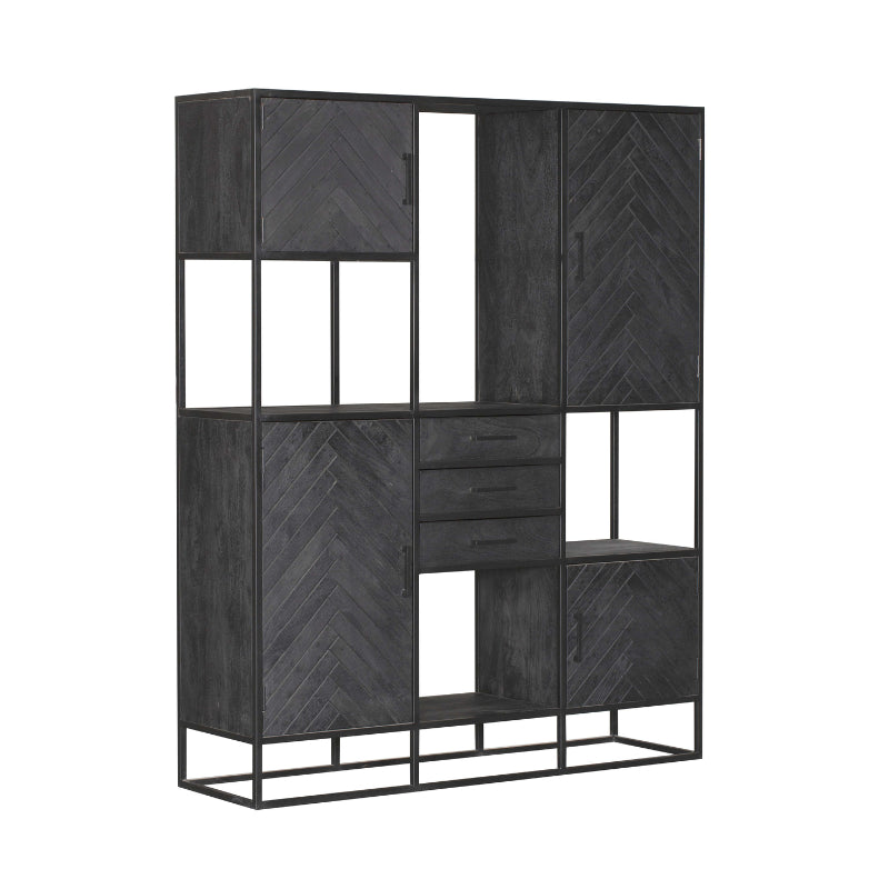 Regal Sydney XXL Schwarz 160x45x200 cm – Mangoholz im Fischgrätenmuster mit Schrankfunktion & viel Stauraum