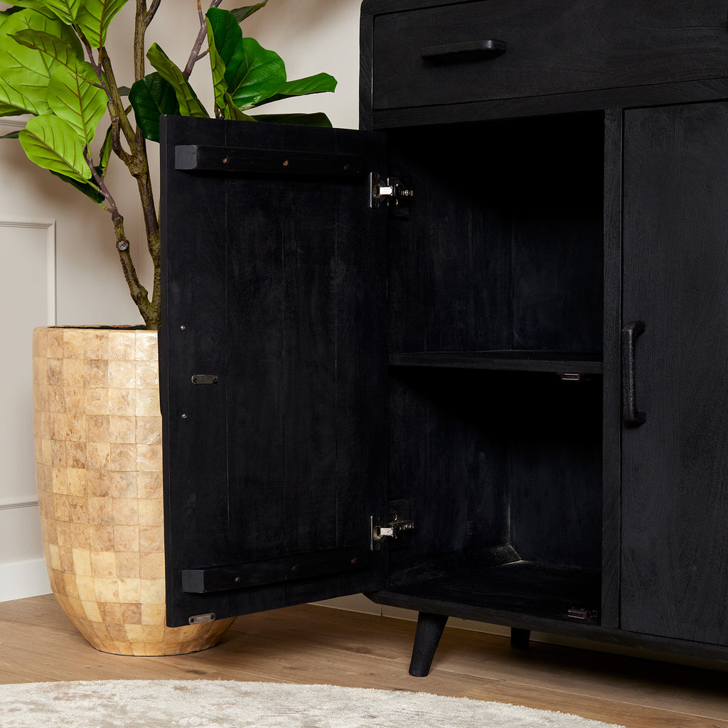 Schrank Raven Schwarz – Mangoholz Highboard mit 2 Türen & 1 Schublade, 100×45×115 cm, modernes Design mit Holzintarsien