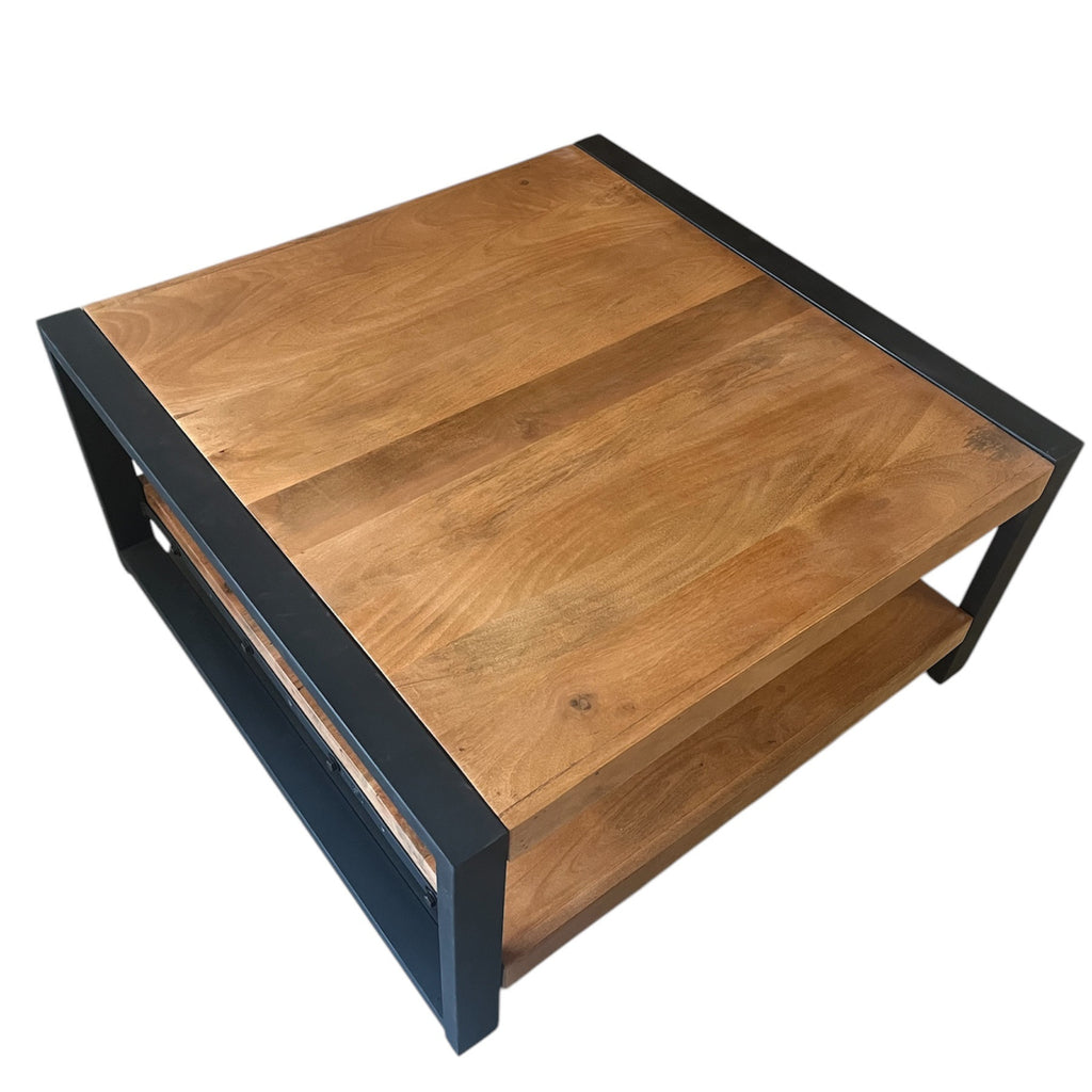 Beistelltisch Bori Mango Natur 80x80x40 cm – moderner Couchtisch mit Ablage & Metallgestell