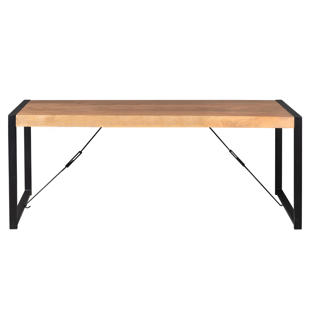 Esstisch Bori 220x90x76 cm – Mangoholz Natur, klar lackiert & schwarzes Metall-U-Gestell, 8 cm Kantenaufdopplung