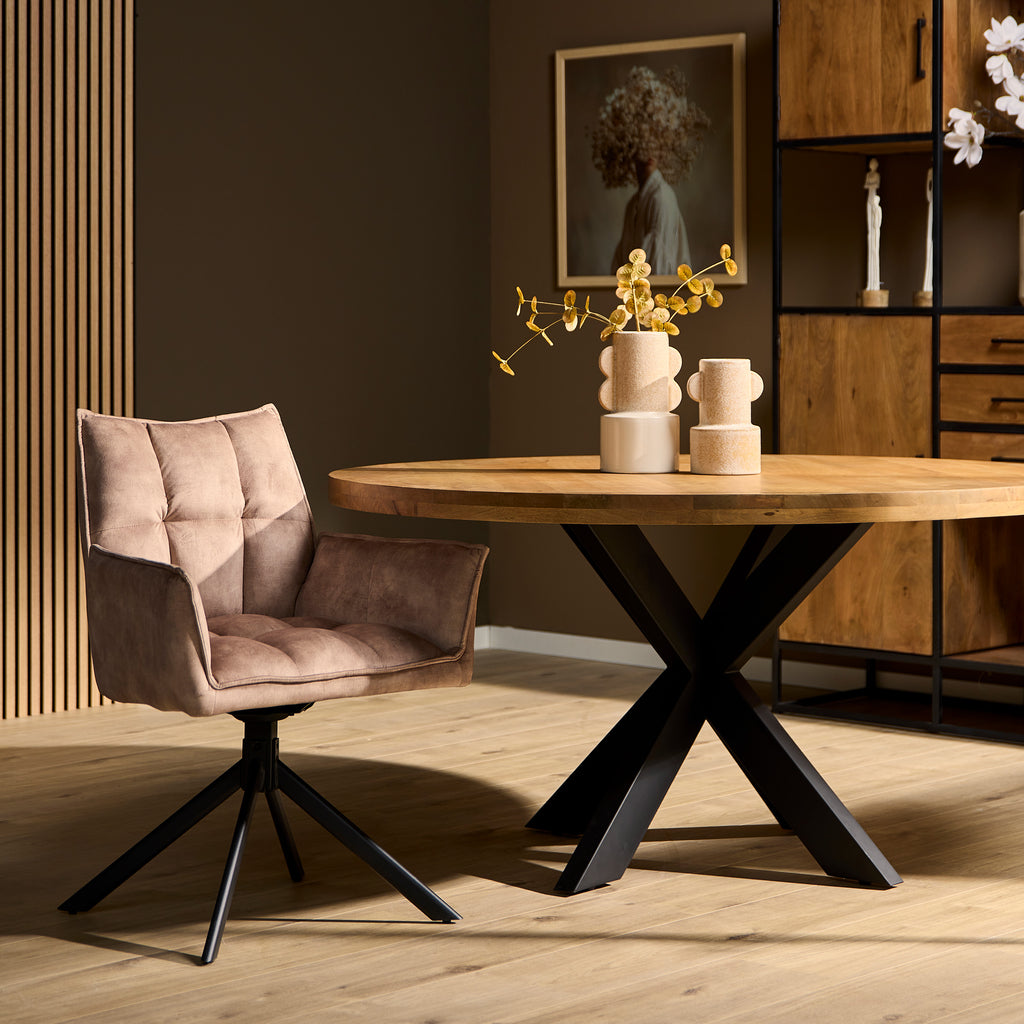 Esszimmerstuhl Daira Velvet Beige – Drehstuhl 65×56×85 cm mit Armlehnen, Memory-Rückkehr & schwarzem Metallbein