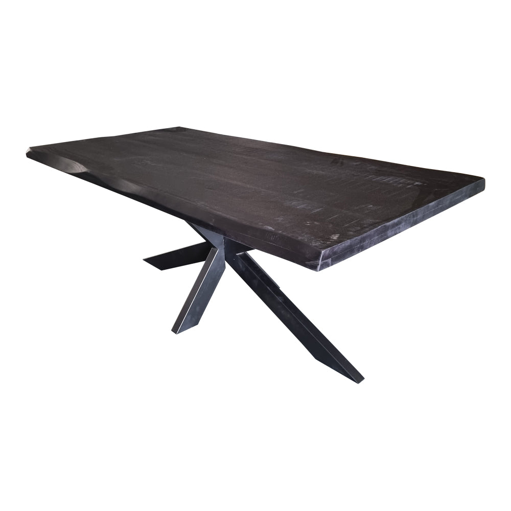 Baumstammtisch Baltimore Schwarz – Mangoholz Esstisch 160×76×90 cm mit 6 cm Platte & schwarzem Matrix-Metallgestell
