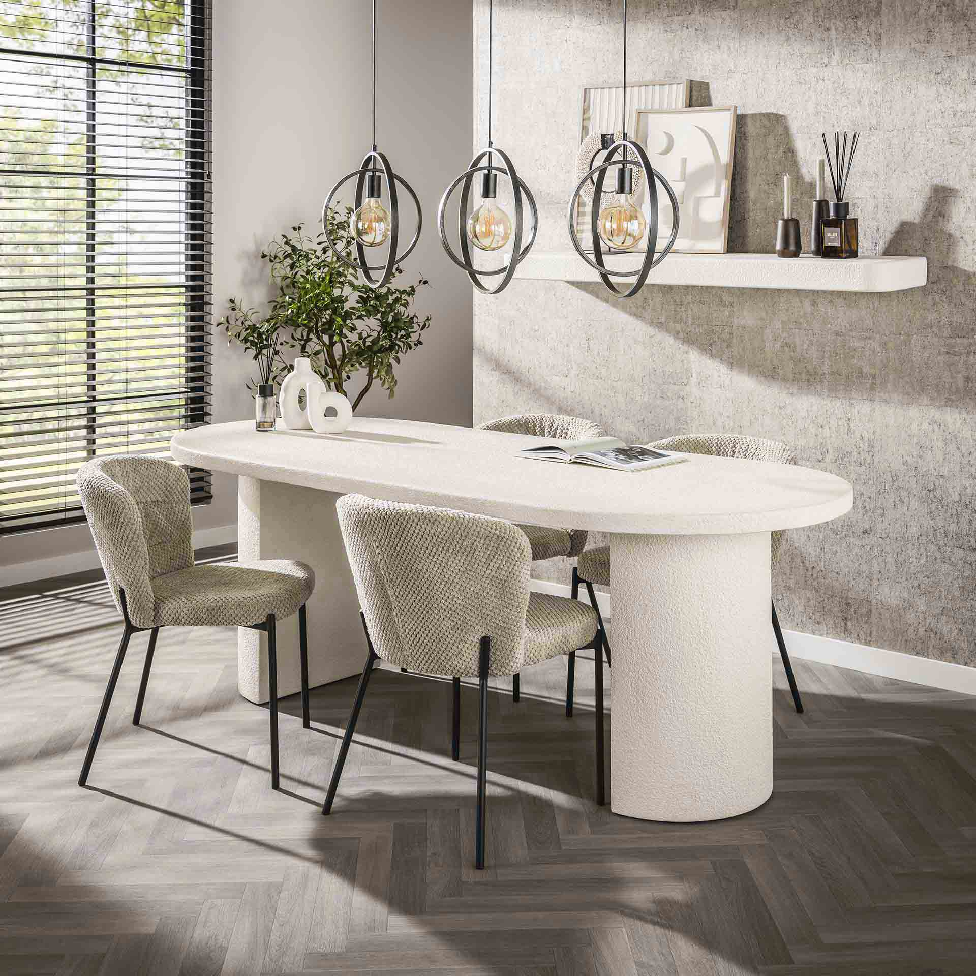 Esstisch Arcano – Marmorkomposit Tisch mit halbmondförmigen Säulenbeinen, modernes Design, 215 x 90 x 77 cm