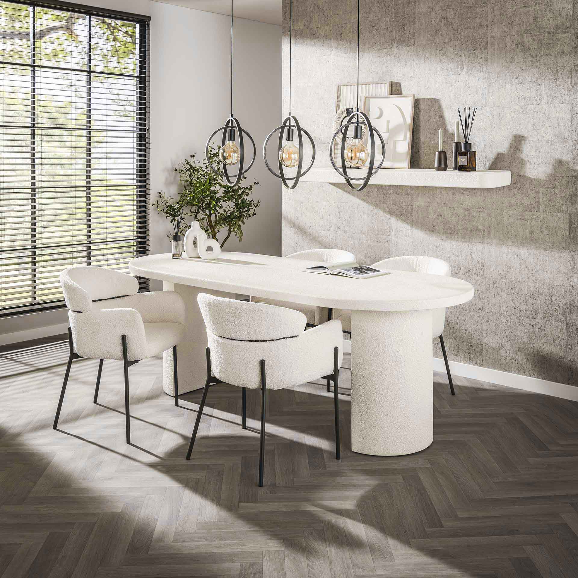 Esstisch Arcano – Marmorkomposit Tisch mit halbmondförmigen Säulenbeinen, modernes Design, 215 x 90 x 77 cm